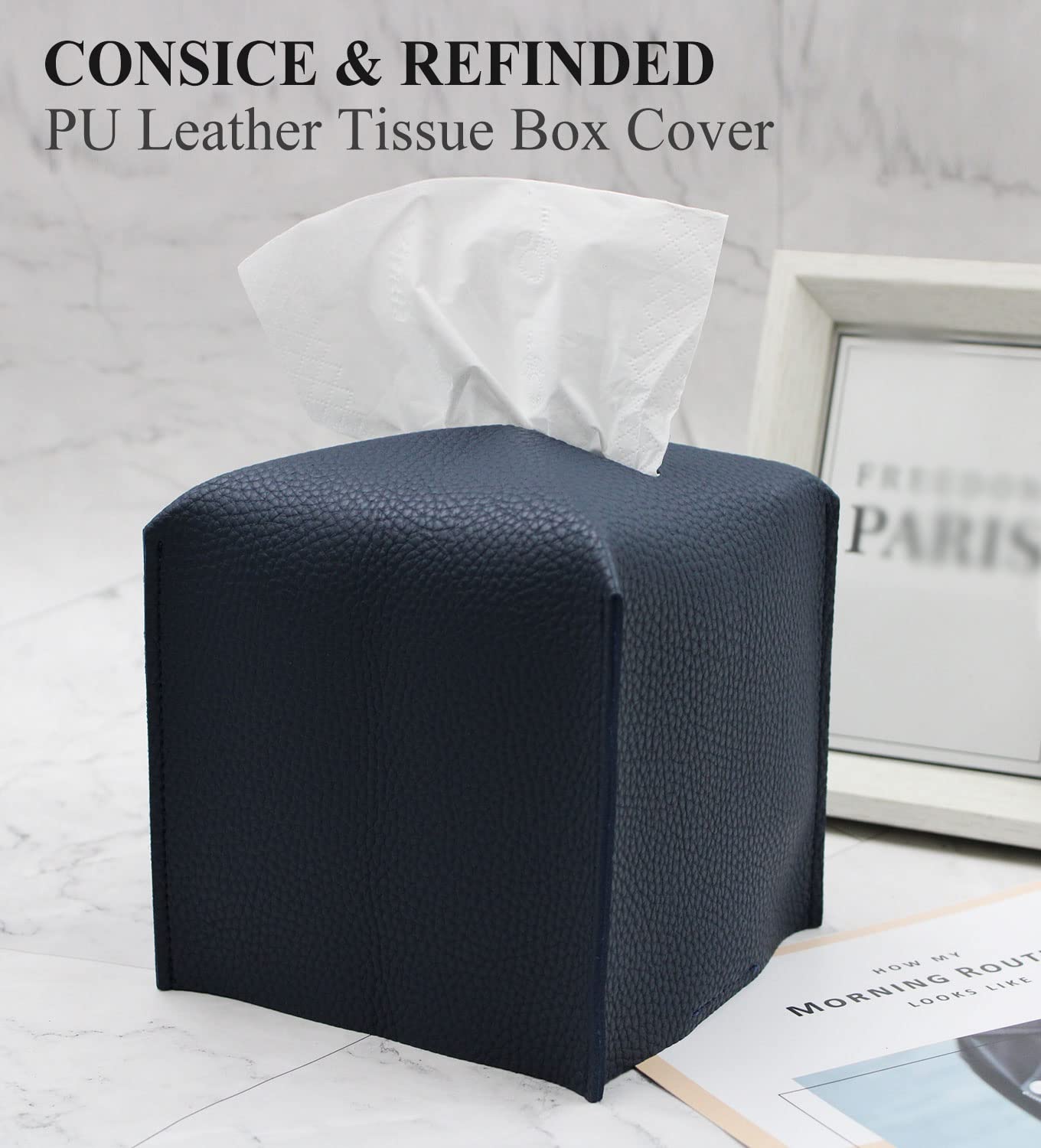 Livelab Square PU Leather Tissue Box Cover - Modern Decorative Tissue Holder for Bathroom, Vanity, Nightstand & Desk (5x5x5 Inches, Navy Blue) | Perfect for Home, Office & Gift Giving