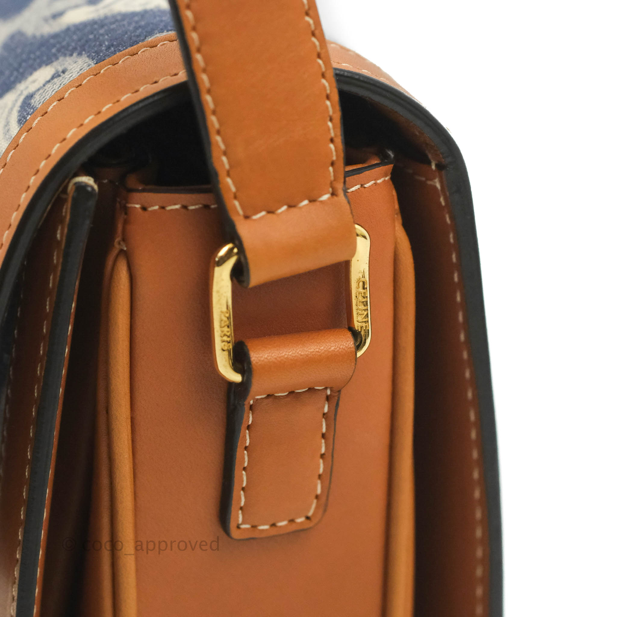 Celine Medium Triomphe Bag in Jacquard Canvas & Tan Calfskin with Chain Strap - Luxury Crossbody Purse for Women, Perfect for Work, Date Night & Travel