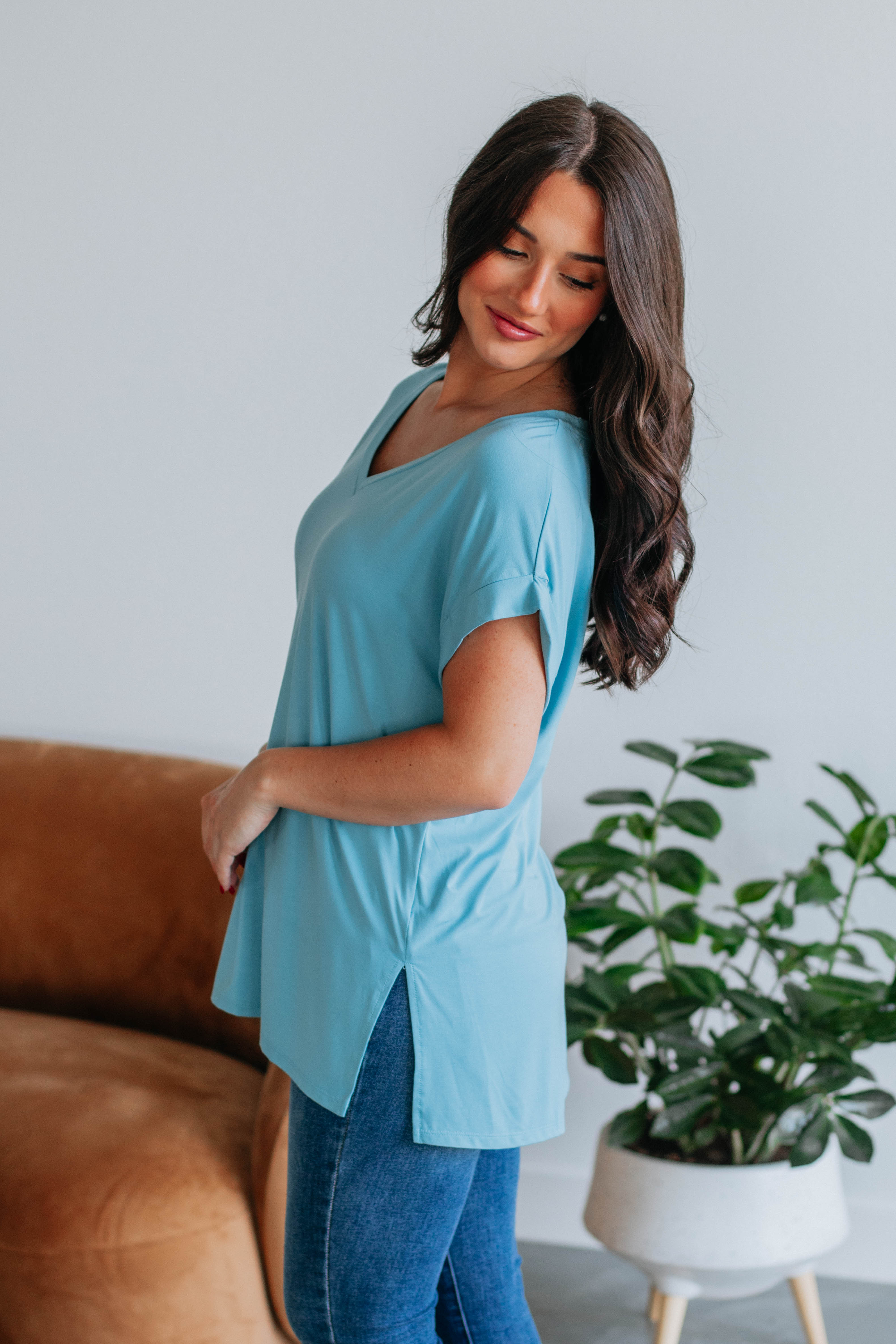 Jill Basic Tee Women's Casual T-Shirt - Soft Cotton Dusty Blue Top for Everyday Wear | Perfect for Layering, Lounge & Outfits