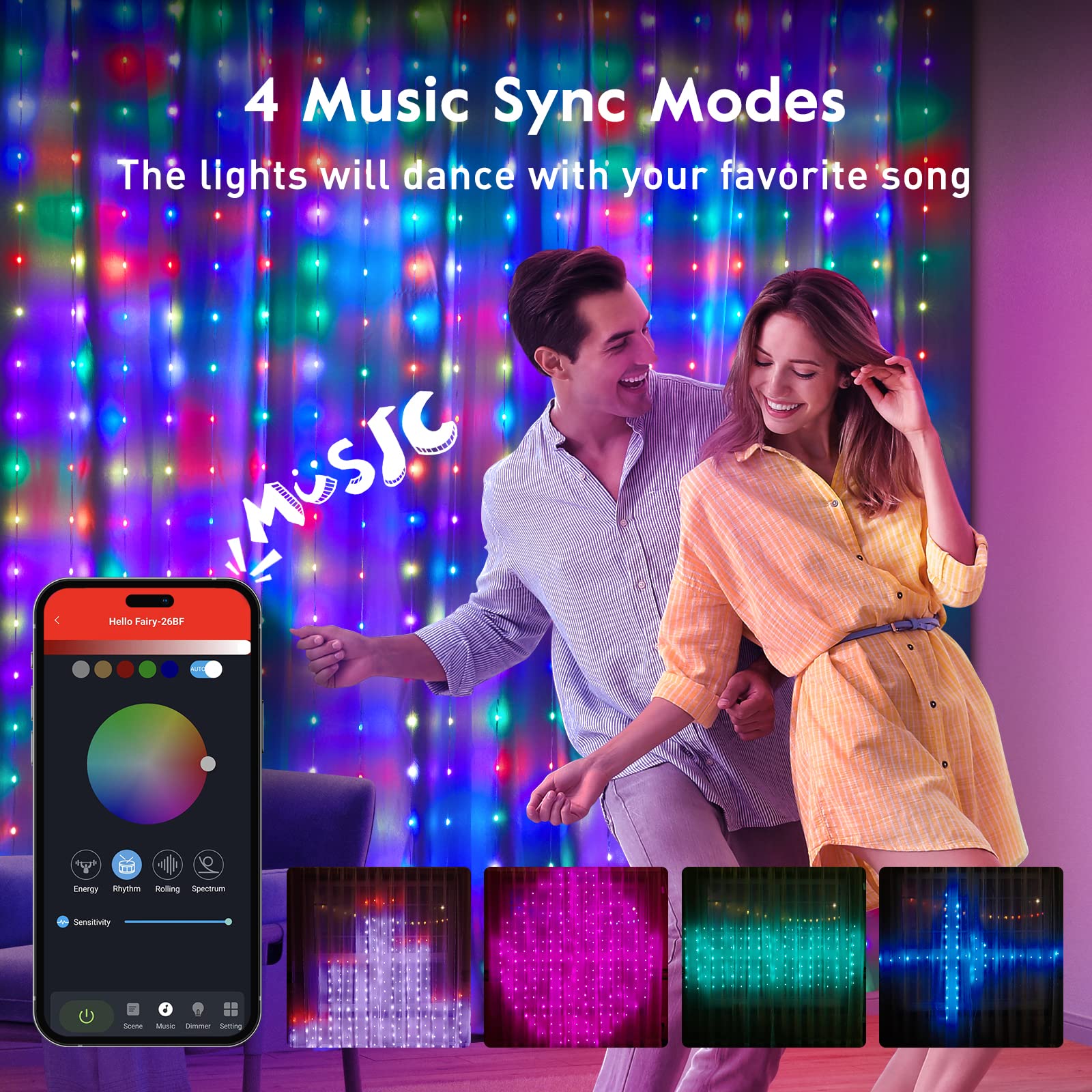 Brightown Smart Curtain String Lights - 400 LED App Controlled Fairy Lights with Music Sync & Remote, DIY Programmable Patterns & Text for Valentine's Day, Christmas, Wedding, Party - Perfect for Indoor & Outdoor Holiday Decorations, Bedroom, Garden, Patio, and Special Events Lighting