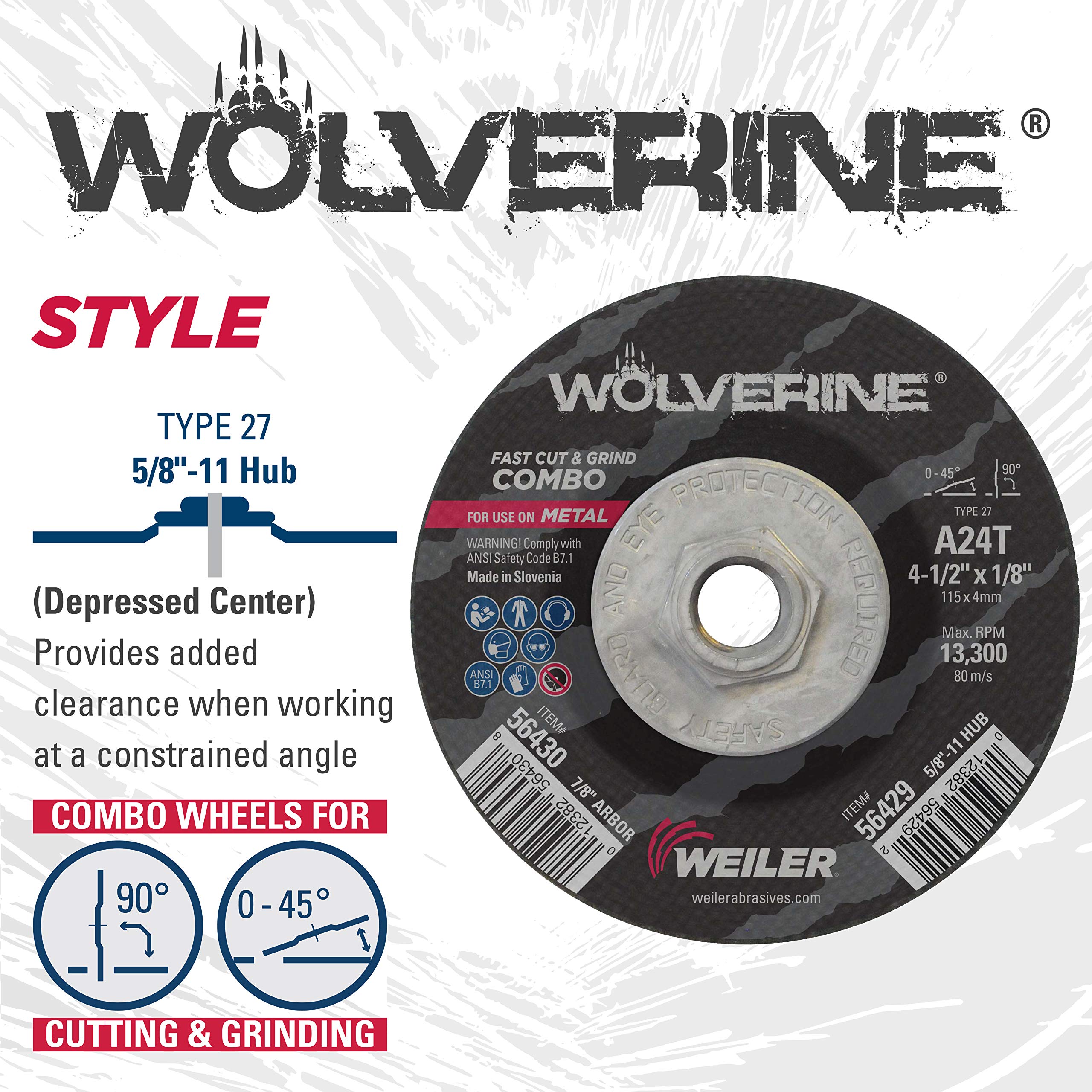 Weiler 56429 Wolverine Type 27 Cut and Grind Combo Wheel - 4.5