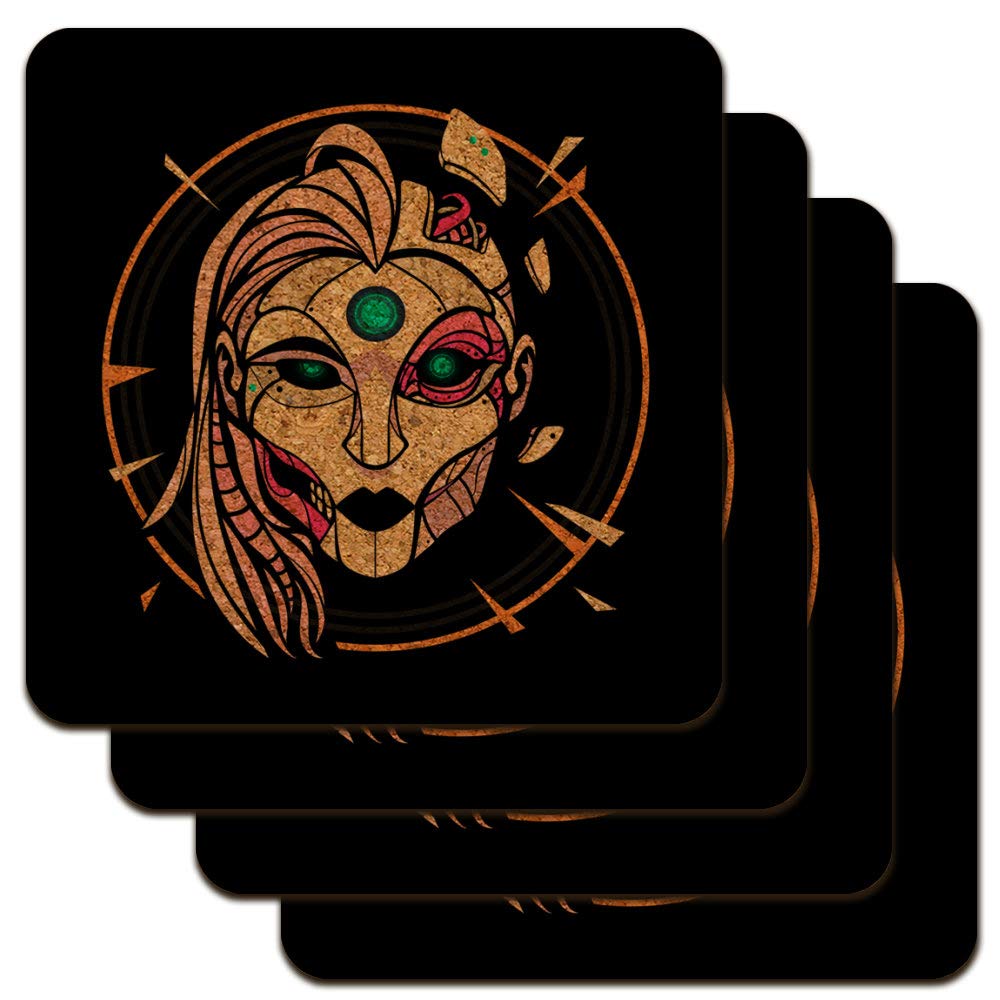 Cyborg Android Robot Science Woman Face Low Profile Novelty Cork Coaster Set - 6 Pack Unique Drink Coasters for Sci-Fi Fans, Home Bar, Office Desk & Geek Decor