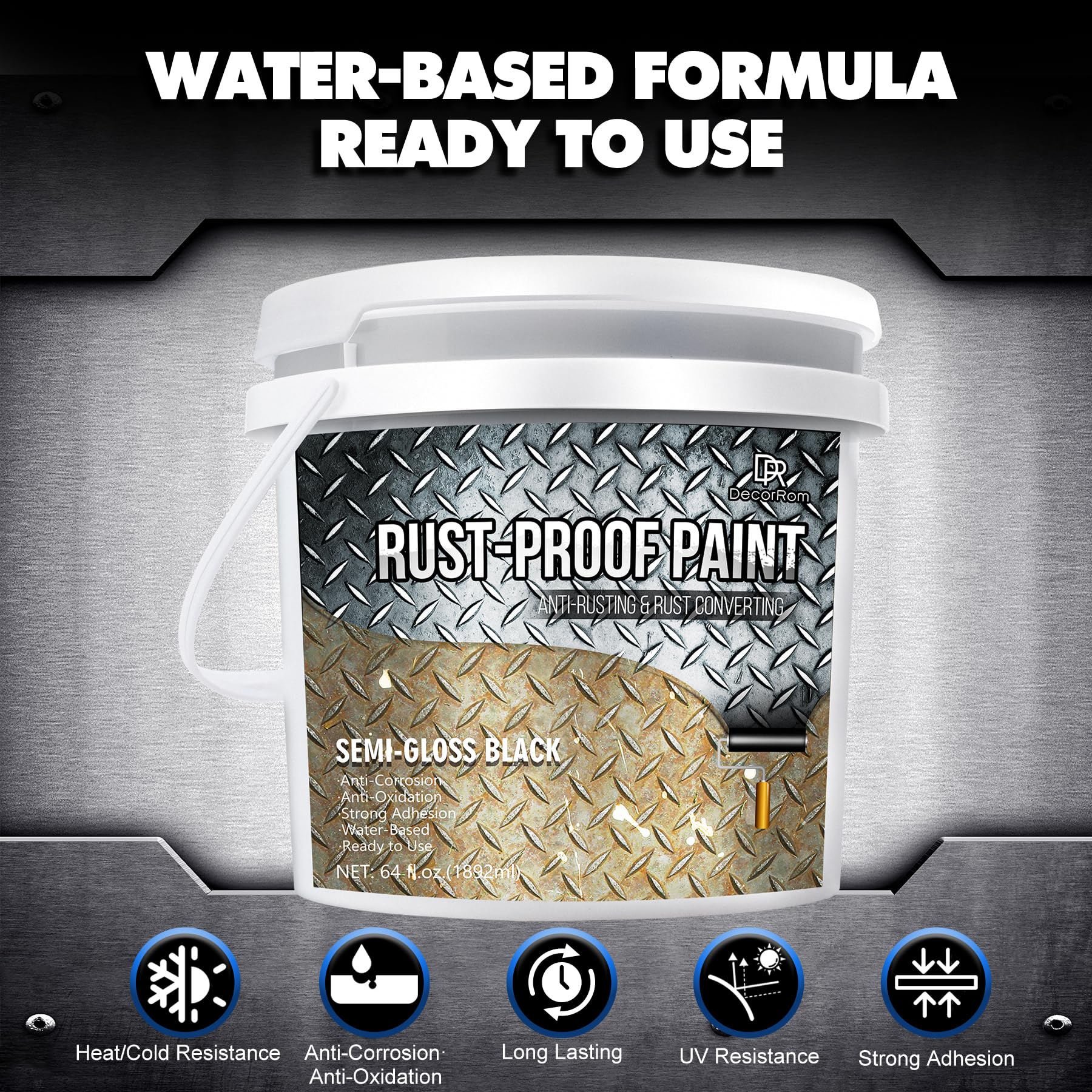 Rust Converter Paint - 64oz Water-Based Rust Reformer & Metal Primer, Semi-Gloss Black Rust Preventive Coating for Maximum Protection Against Rust and Corrosion | Ideal for Automotive Parts, Metal Furniture, Fences, and Outdoor Equipment