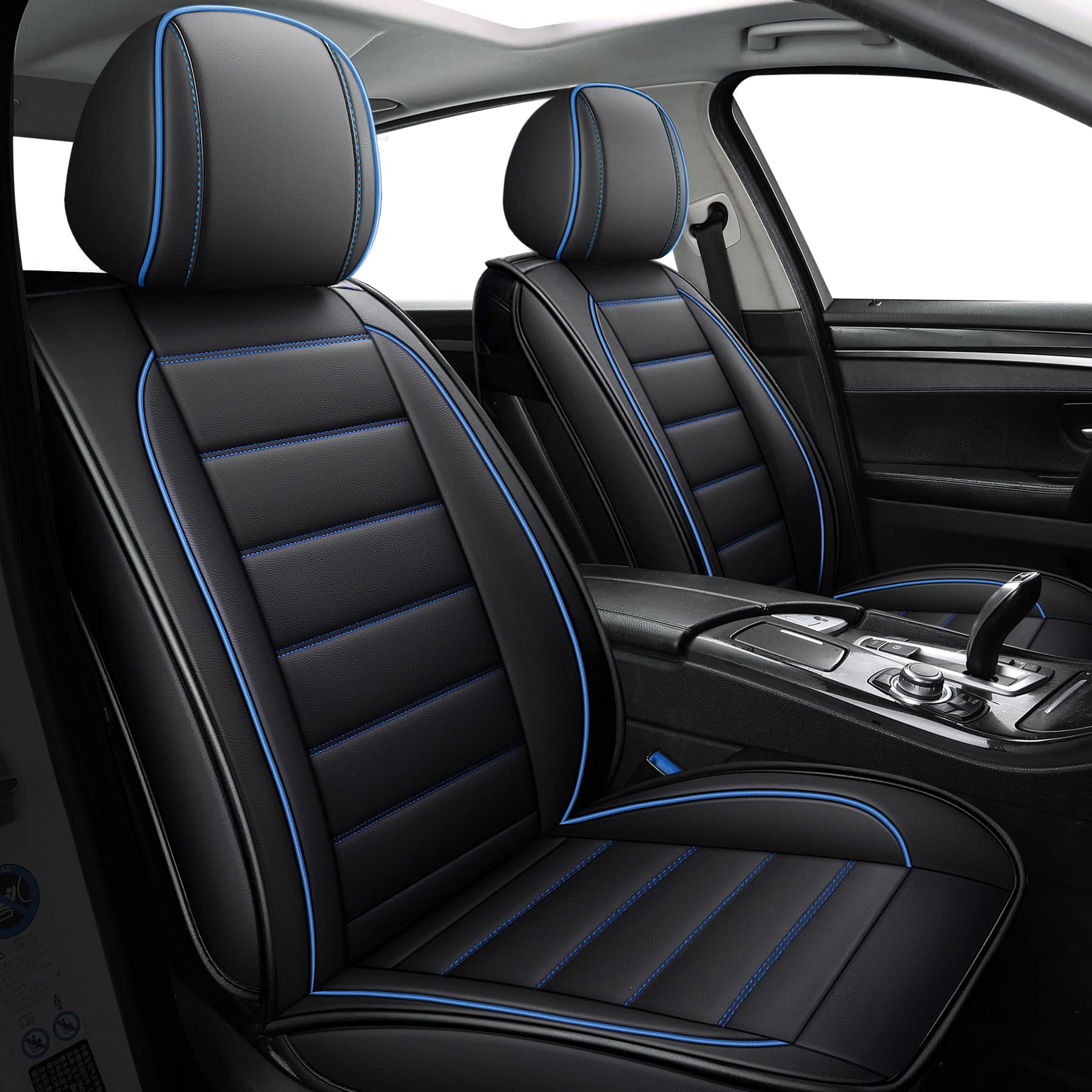 Premium Universal Leather Car Seat Covers - Waterproof Faux Leatherette Cushion Protectors for Cars, SUVs & Trucks (Black & Blue Full Set) | Auto Interior Accessories for Comfort & Style | Perfect for Daily Commutes, Road Trips & Family Travel