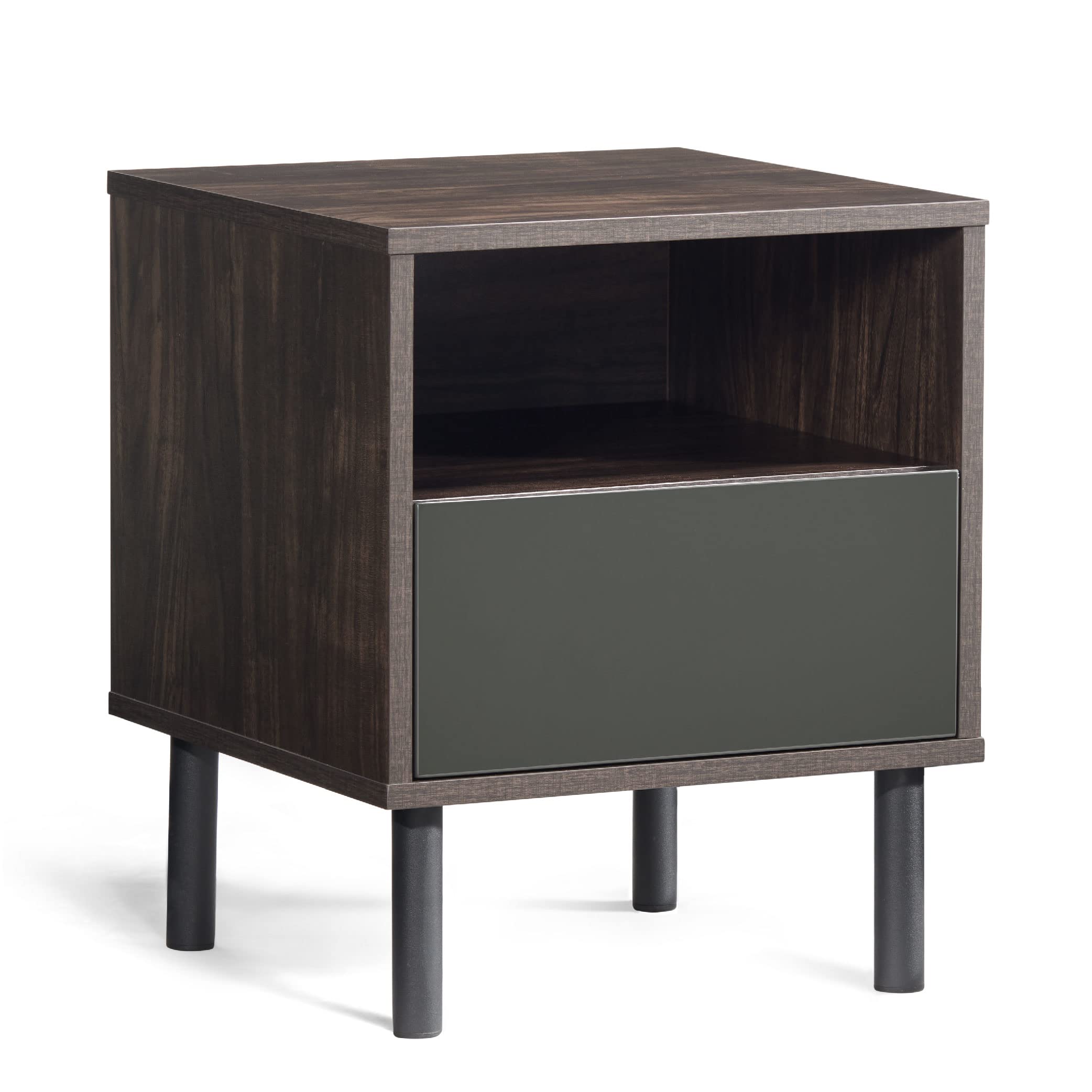 Mid Century Modern Nightstand with Storage Drawer - Wood Accent Bedside Table with Open Shelf for Bedroom & Living Room, Dark Walnut/Black - Perfect for Small Spaces & Apartment Decor