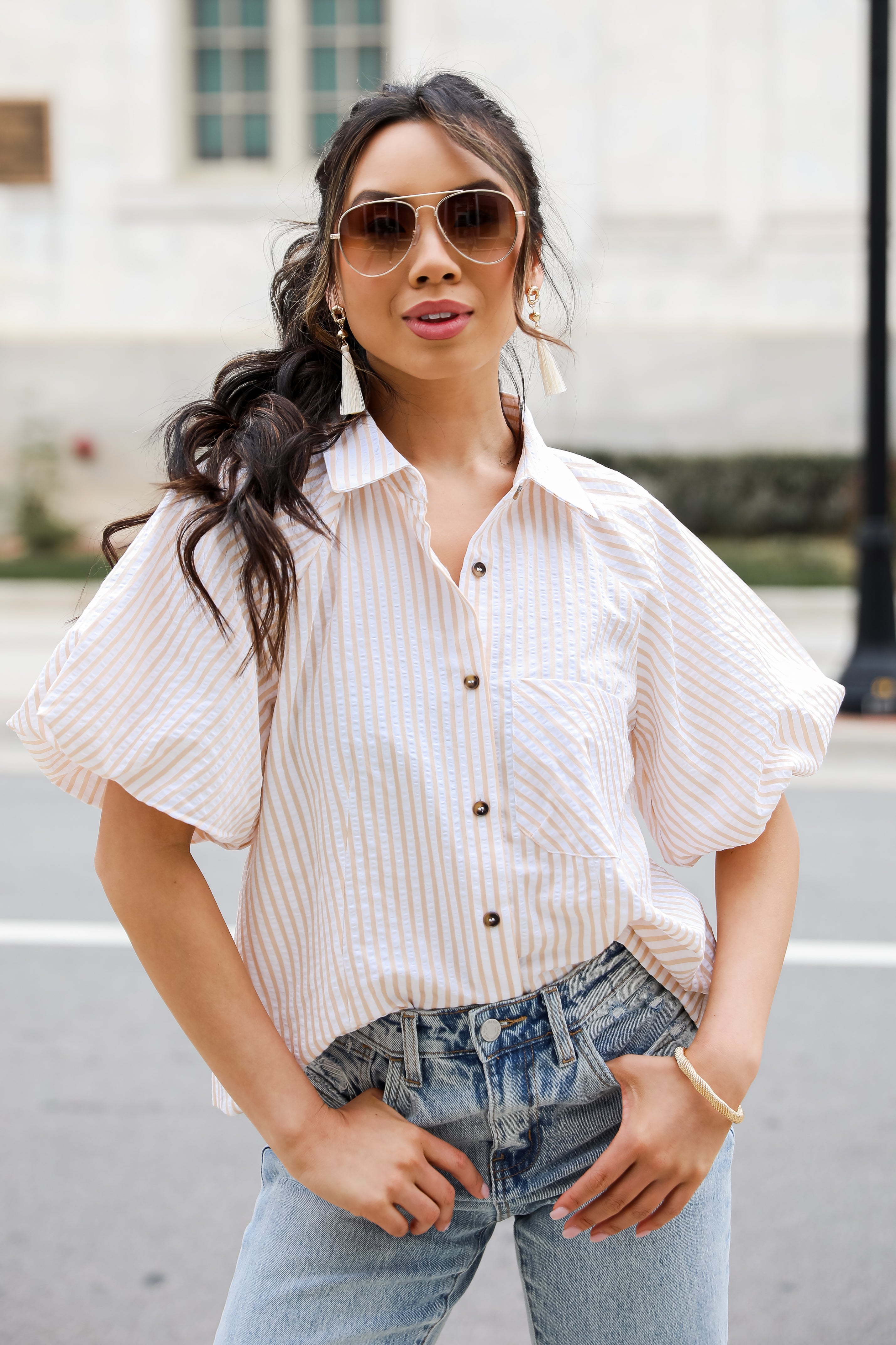 Darling Of Mine Taupe Seersucker Blouse - Women's Casual Button-Up Shirt for Summer, Work & Date Night | Breathable & Stylish Top