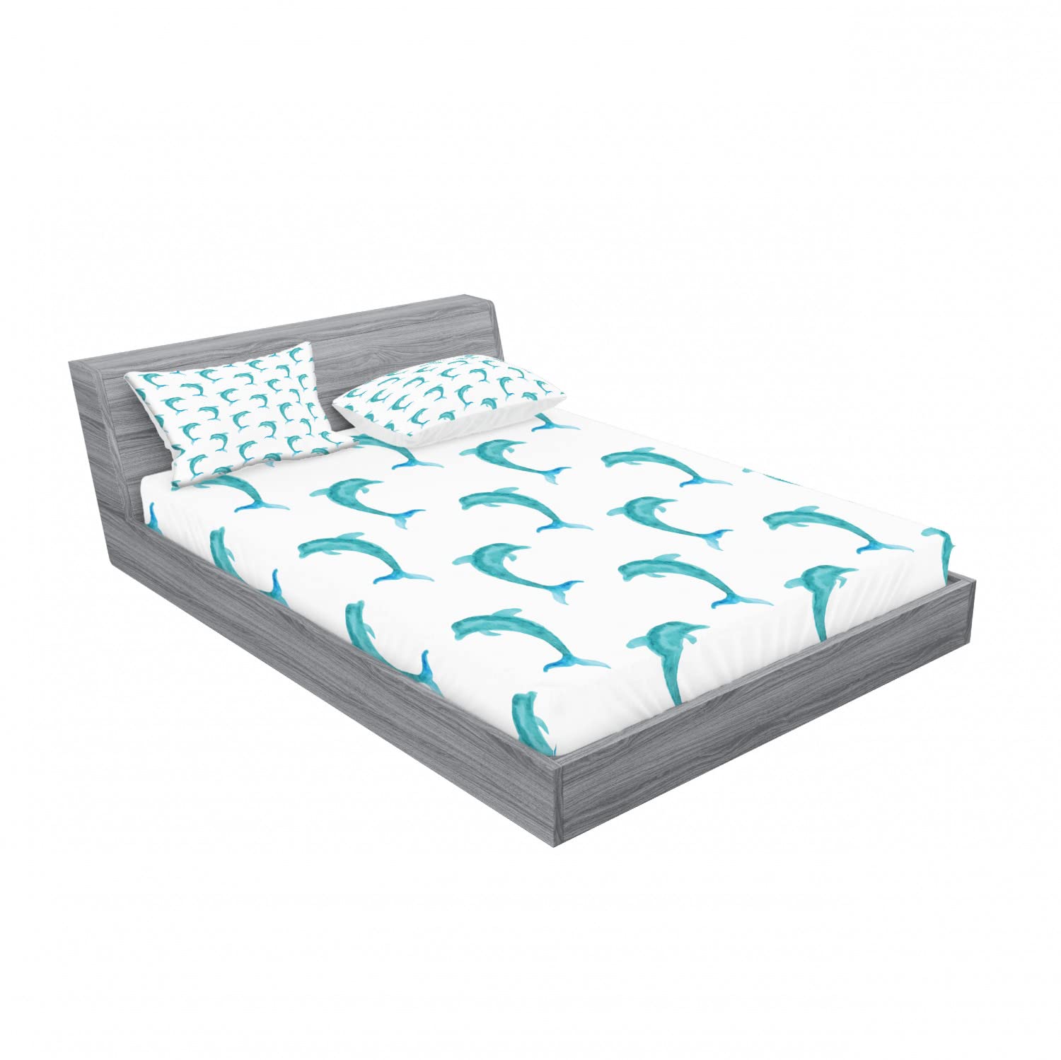 Ambesonne 2-Piece Queen Fitted Sheet & 4-Piece Pillow Sham Set - Jumping Dolphin Marine Life Design in Aqua White | Soft Bedding Decor for Guest Rooms, Beach Houses & Ocean-Themed Bedrooms