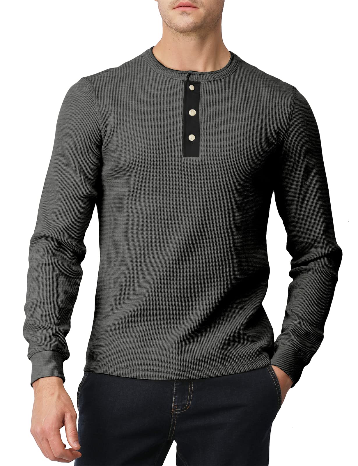 Men's Slim Fit Henley Shirt - Long Sleeve Cotton Waffle Knit Top - Lightweight Casual Shirt for Everyday Wear, Date Night & Outdoor Activities