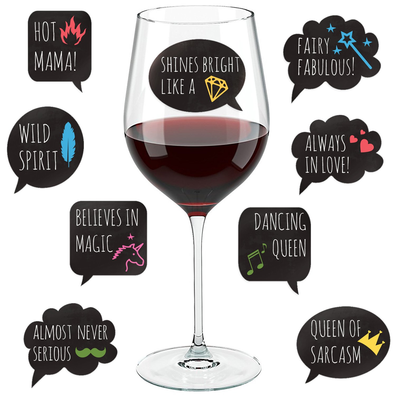 Funny Glass Drink Markers - 18 Reusable Static Cling Stickers for Wine Glasses - Perfect for Wine Tasting Parties, Wedding Favors & Gifts - Great for Home Entertaining & Office Events