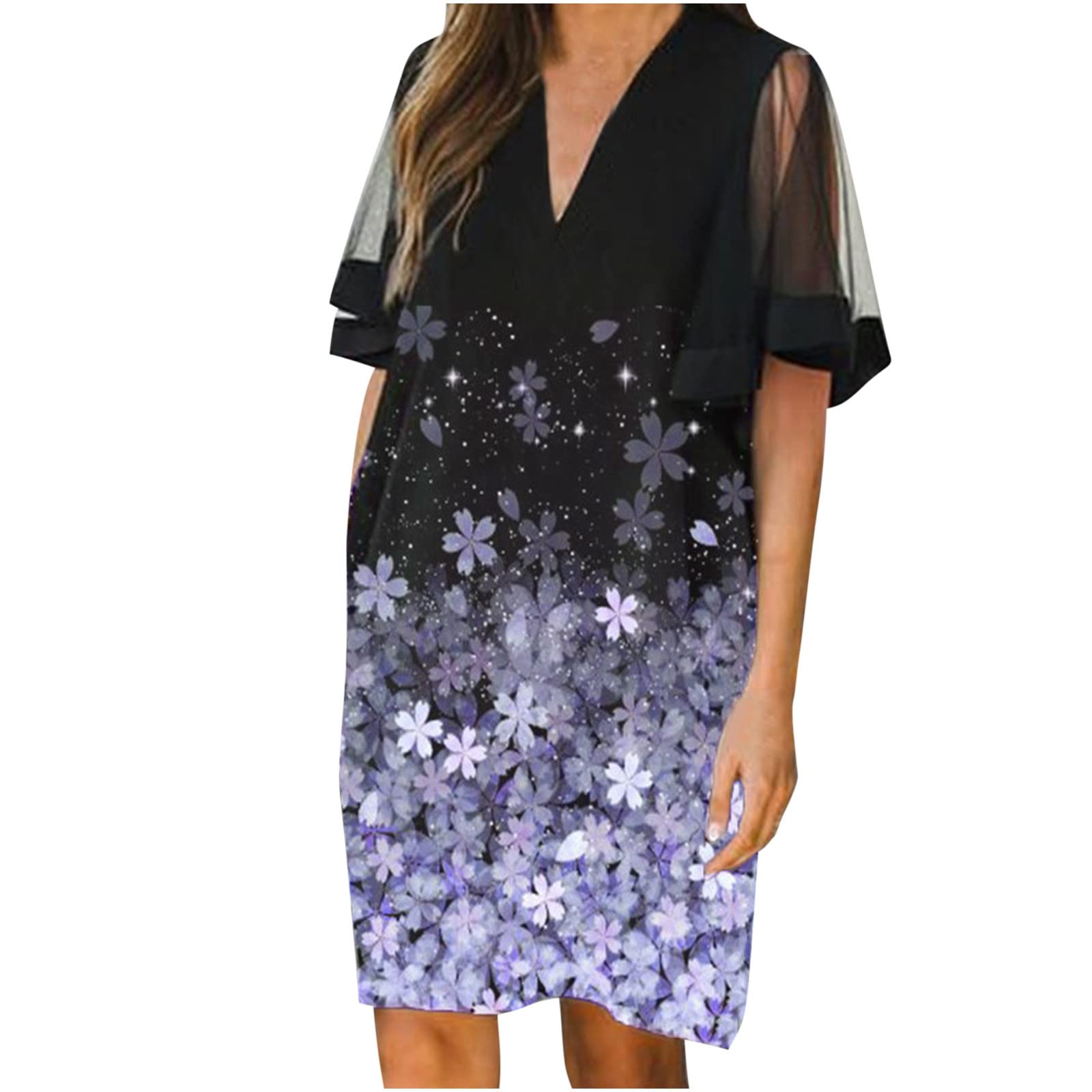 Women's Floral Print V-Neck Mesh Shift Dress - Short Sleeve Summer Mini Dress for Casual Outings, Parties & Beach Wear | Trendy & Comfortable