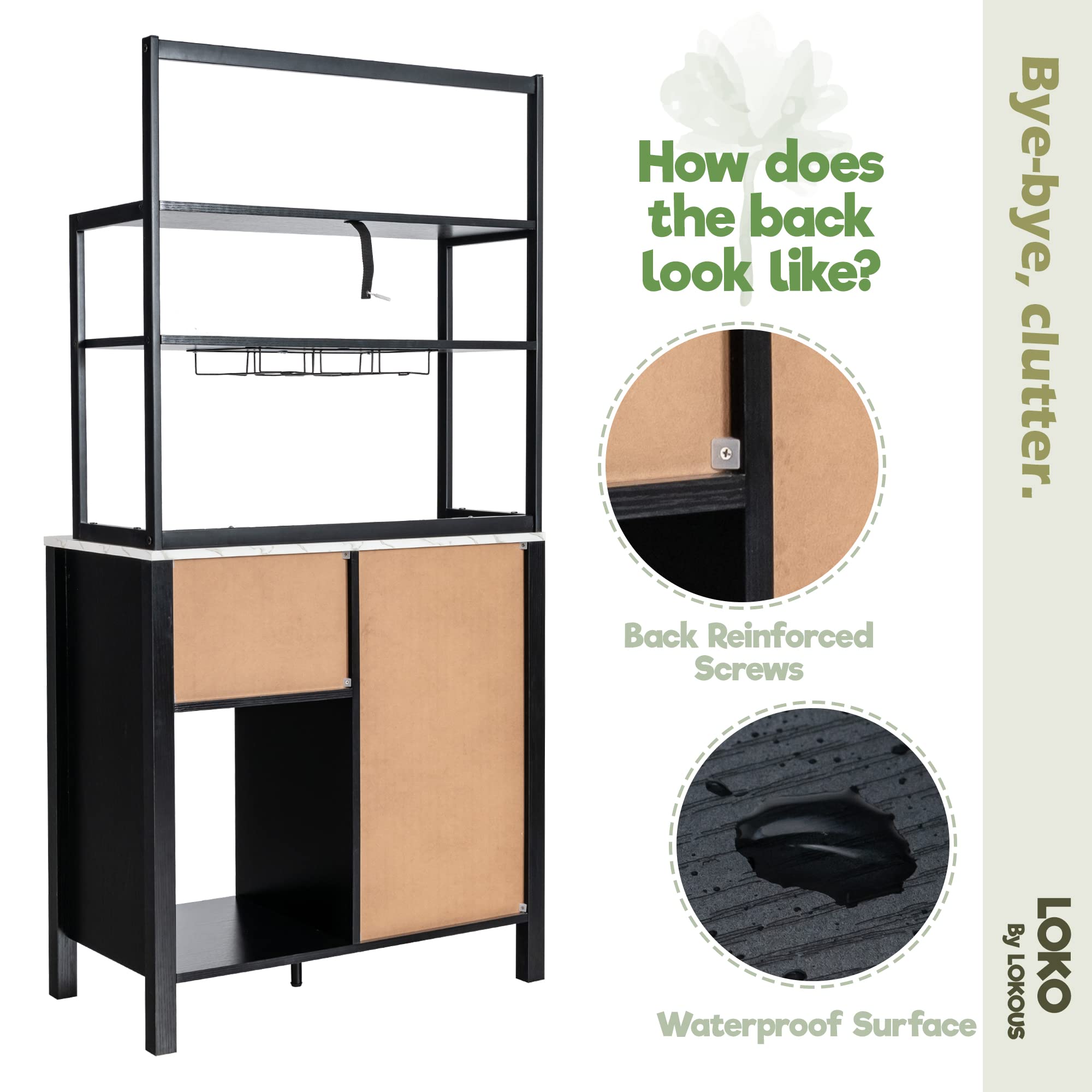 LOKO Bar Cabinet - Wine Storage Cabinet with Detachable Glass Holder & Racks, Kitchen Bakers Rack with Wine Rack, 31
