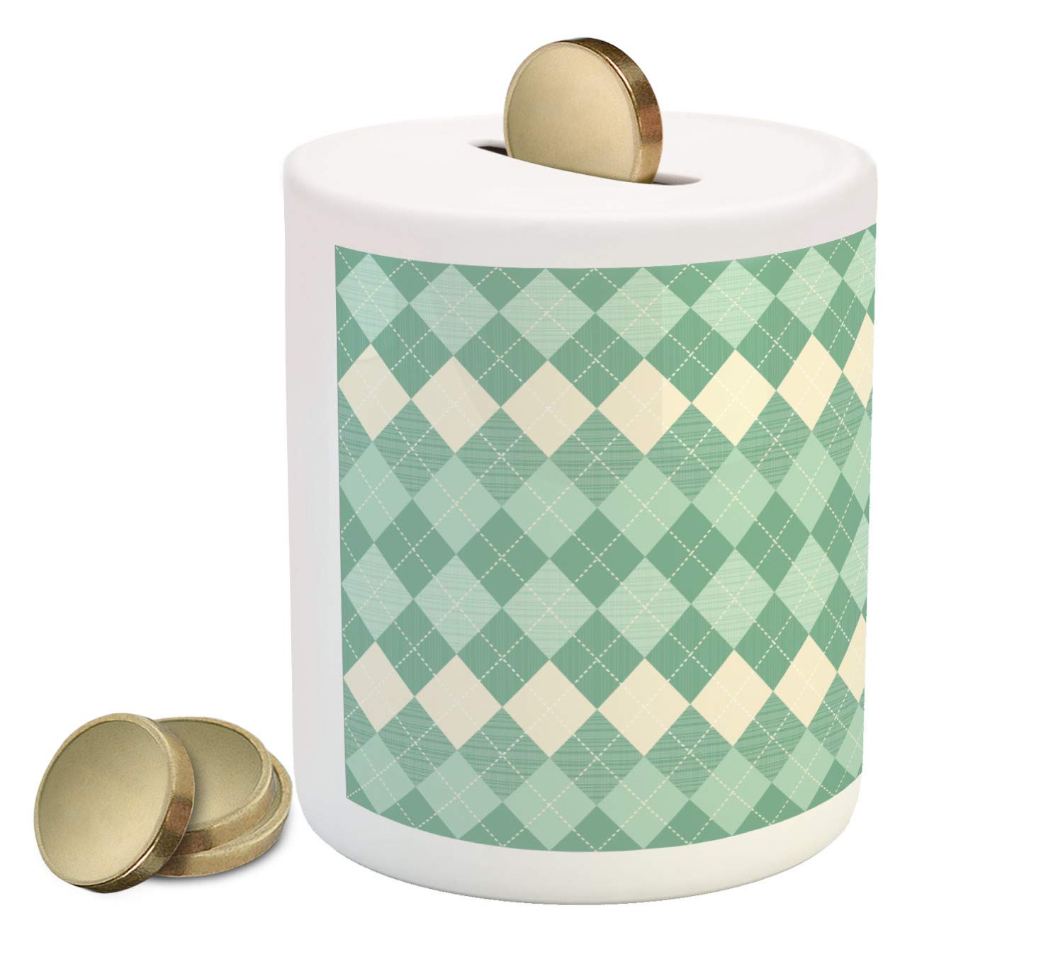 Ambesonne Ceramic Piggy Bank - Abstract Aqua Triangle Design with Sketchy Lines, Money Box for Cash Savings (White, Seafoam, Pale Blue, Turquoise) - Perfect for Kids' Allowance, Office Desk Decor & Gift Giving