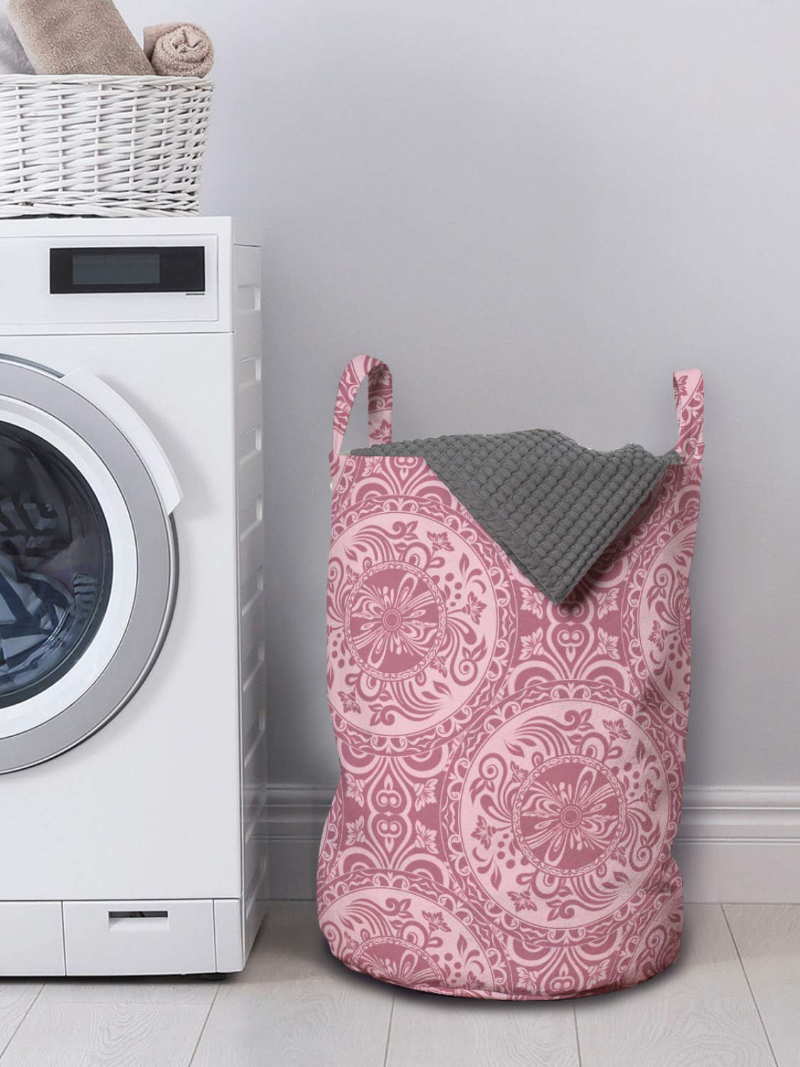 Ambesonne Damask Laundry Bag with Handles - Monochrome Floral Circle Design Drawstring Hamper - 13