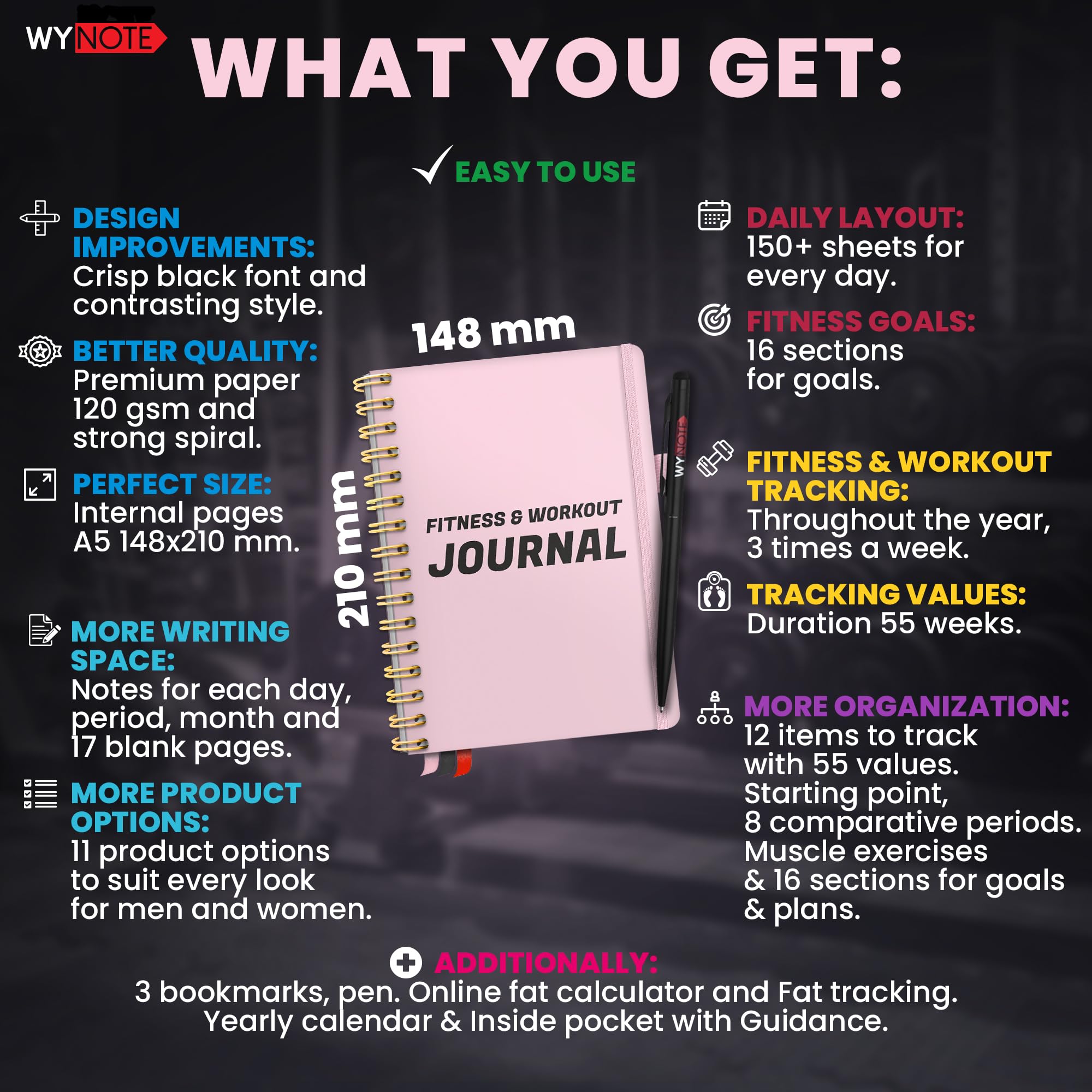 Pink Fitness Journal for Women - 150+ Workout Templates, Yearly Calendar & 55 Tracking Metrics | A5 Workout Planner with Body Fat Tracker, 12 Trackable Items, 7 Comparison Periods & Goal Setting | Perfect for Gym, Home Workouts & Weight Loss Journey