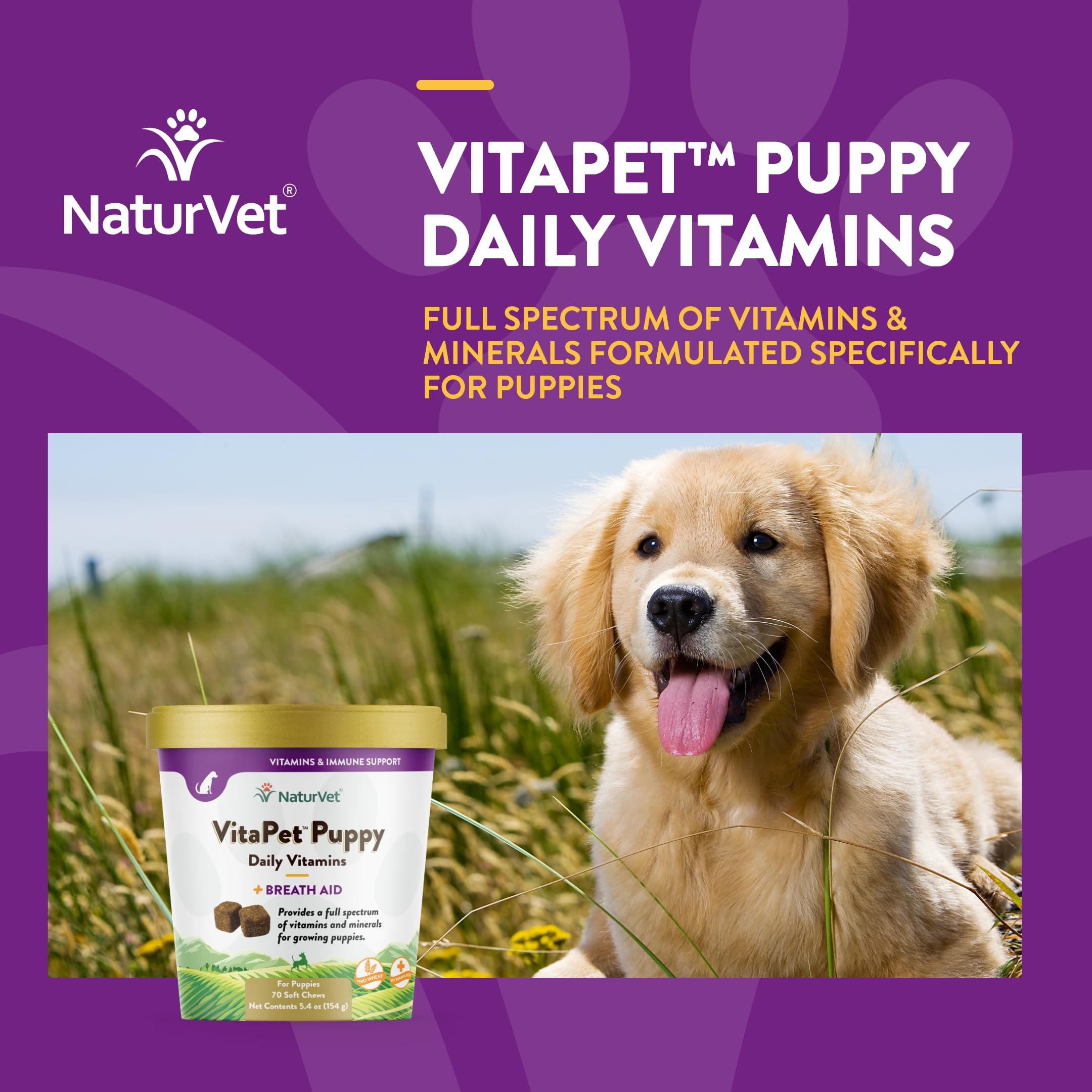 NaturVet VitaPet Puppy Daily Vitamins for Dogs with Breath Aid - Essential Vitamins, Minerals, Amino & Fatty Acids - 70 Soft Chews for Puppy Health & Fresh Breath - Perfect for Growing Puppies & Daily Nutrition Support