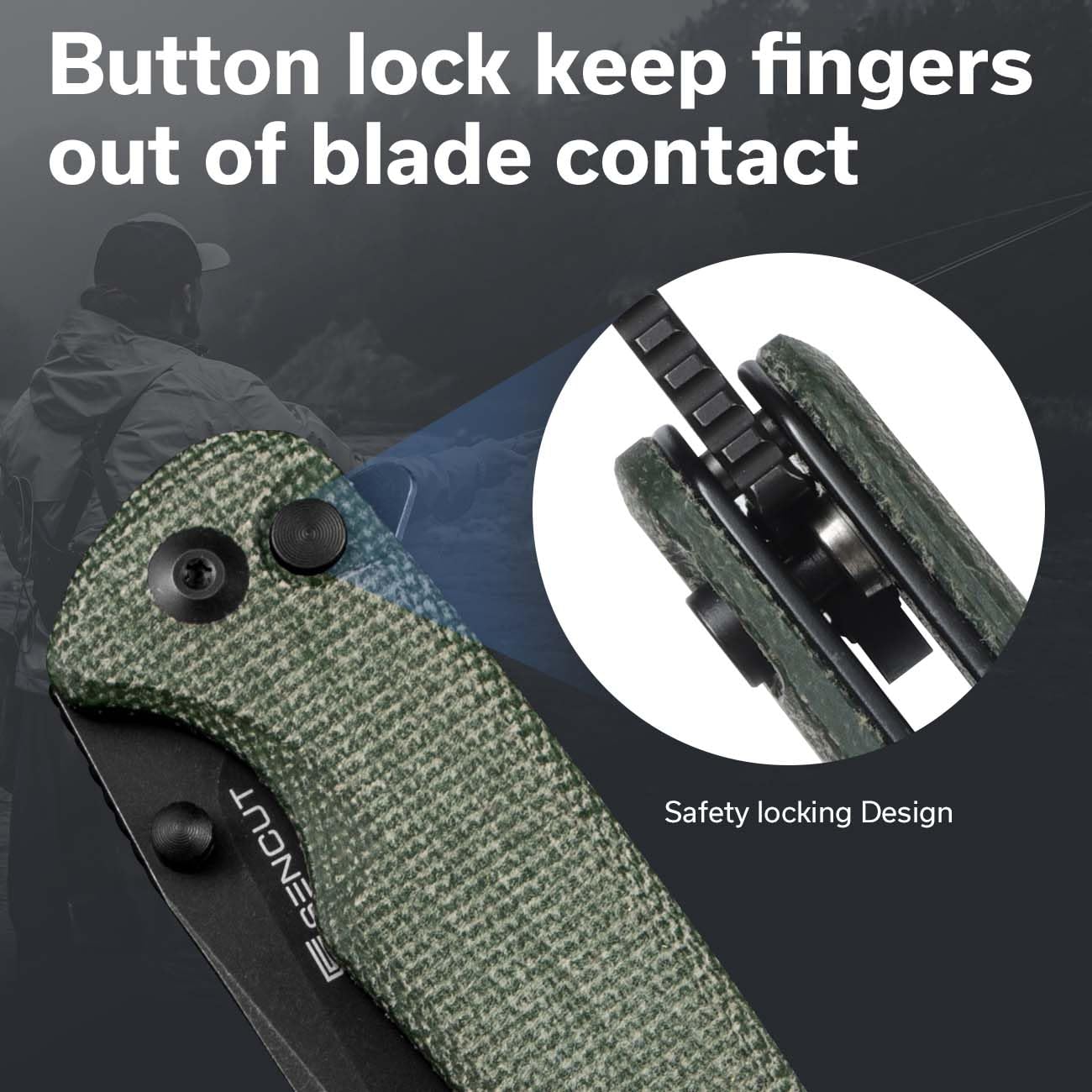 SENCUT Sachse Folding Pocket Knife - 9Cr18MoV Steel Blade, Green Micarta Handle, Button Lock & Clip - EDC Knife for Men & Women | Perfect for Camping, Hiking, Survival & Everyday Carry (Model S21007-2)
