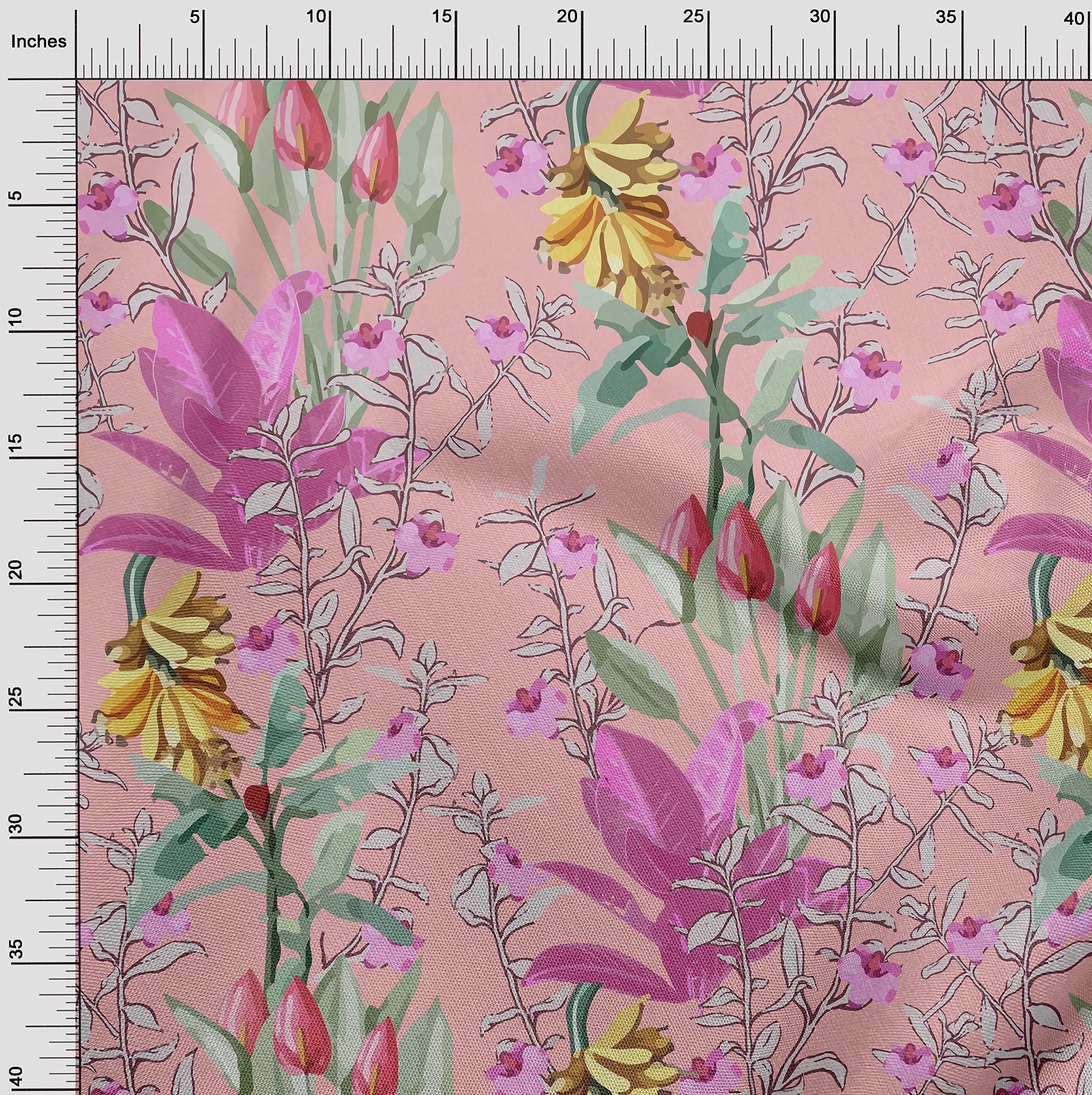 oneOone Polyester Spandex Tropical Floral Print Fabric - Medium Pink Dress Material (56 Inch Wide) for Summer Dresses, Skirts & DIY Fashion Projects