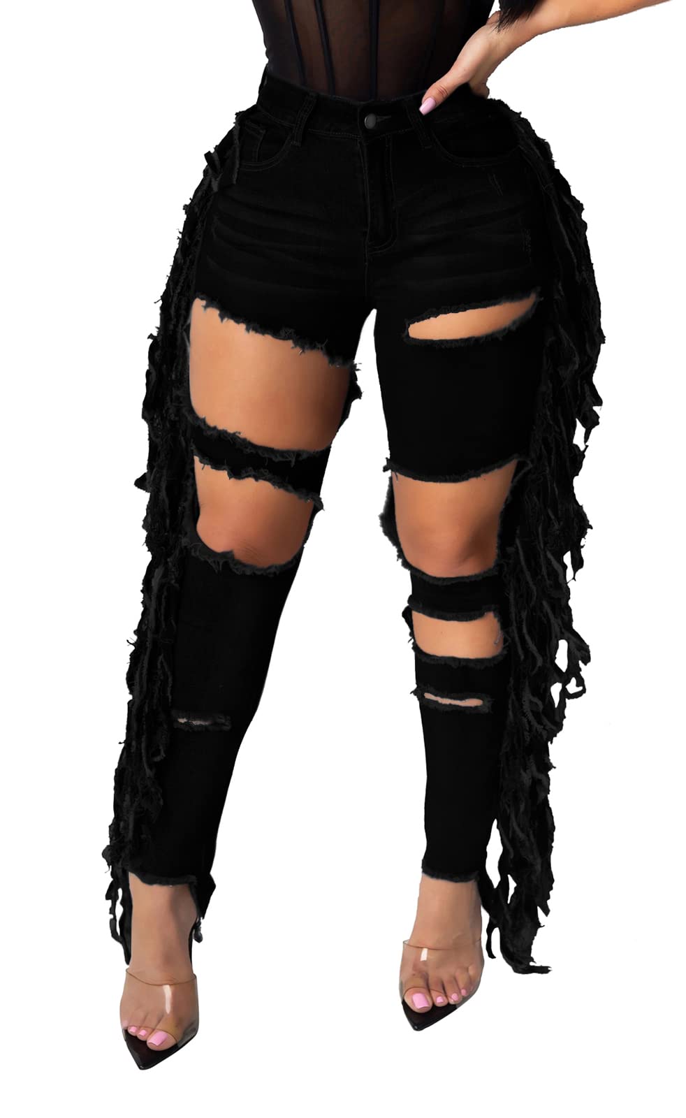 Women's Skinny Ripped Jeans - Stretch Destroyed Mid High Waist Denim Pants for Casual Outfits & Street Style Fashion