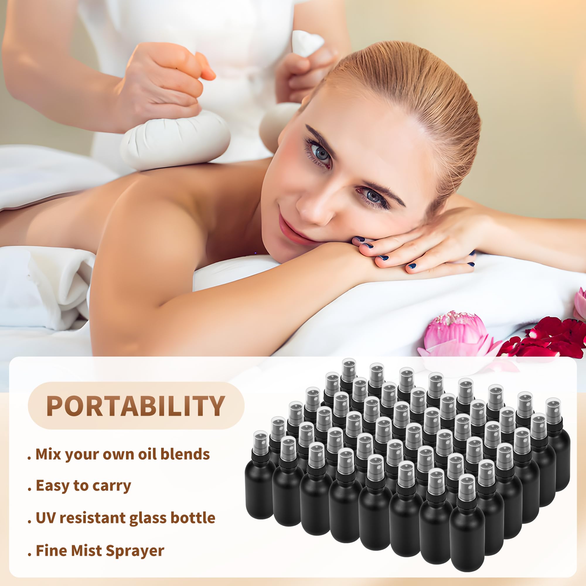 48 Pack 2oz Black Frosted Glass Boston Round Bottles with Fine Mist Sprayer - Leakproof Travel Essential Oil Containers for Bath, Beauty, Hair Care & Cleaning - Perfect for DIY, Travel & Home Organization