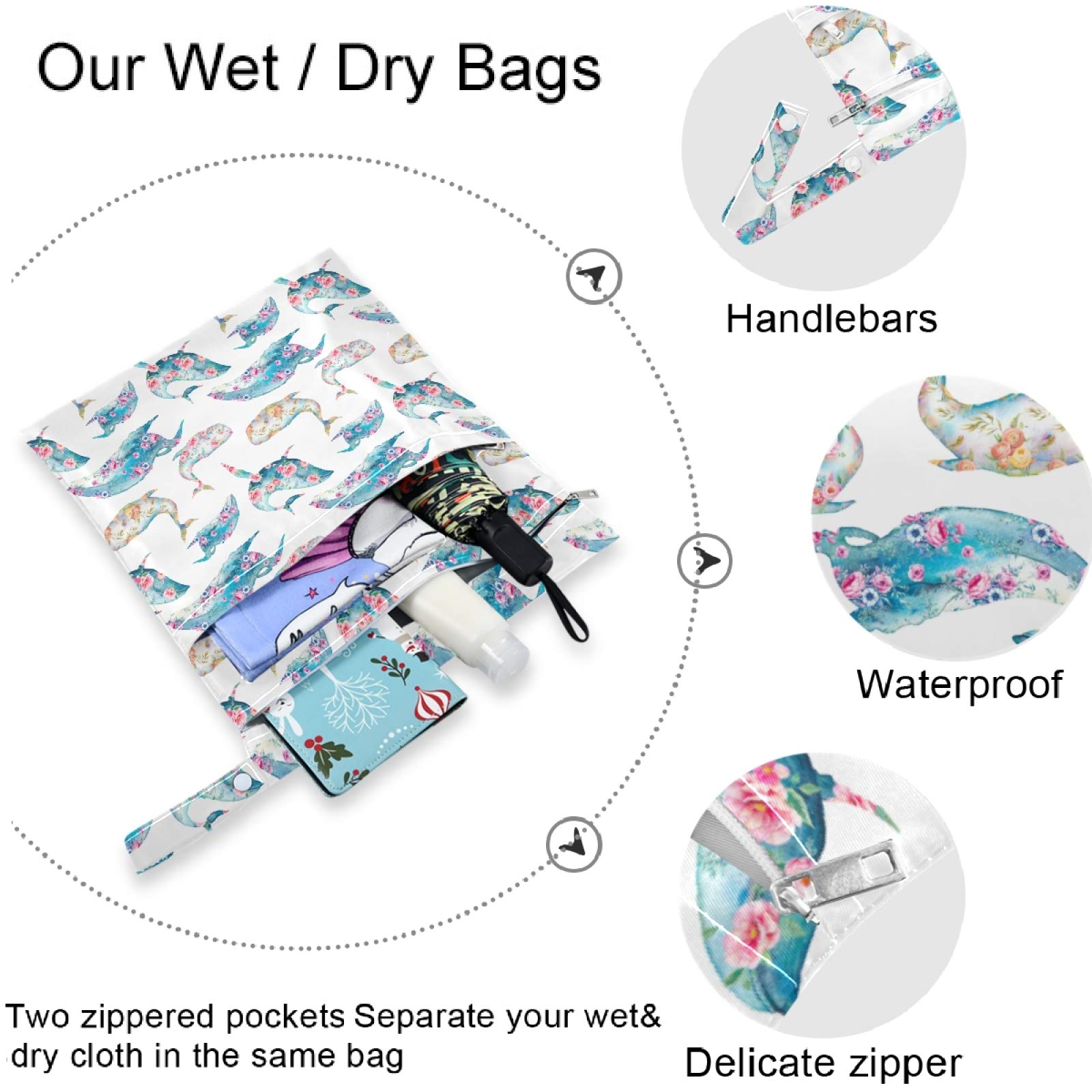 Visesunny Blue Whale & Peony Floral 2-Piece Wet Bags Set - Waterproof Zippered Pockets, Washable & Reusable for Travel, Beach, Pool, Daycare | Perfect for Stroller Organization, Diaper Storage, Gym Clothes & Wet Swimsuits
