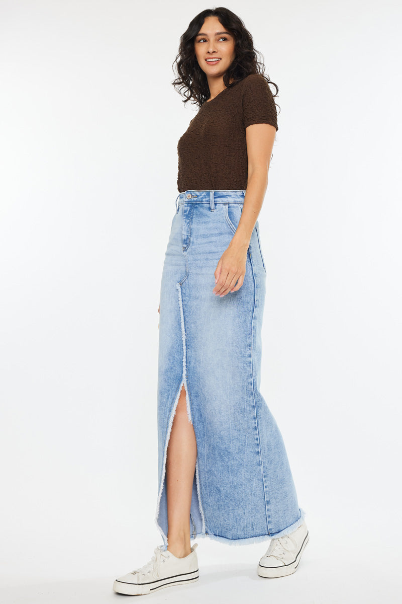Anette High Rise Maxi Denim Skirt for Women - Vintage Blue Stretch Denim Long Skirt with Side Slits | Perfect for Casual Outfits, Date Nights & Boho Style
