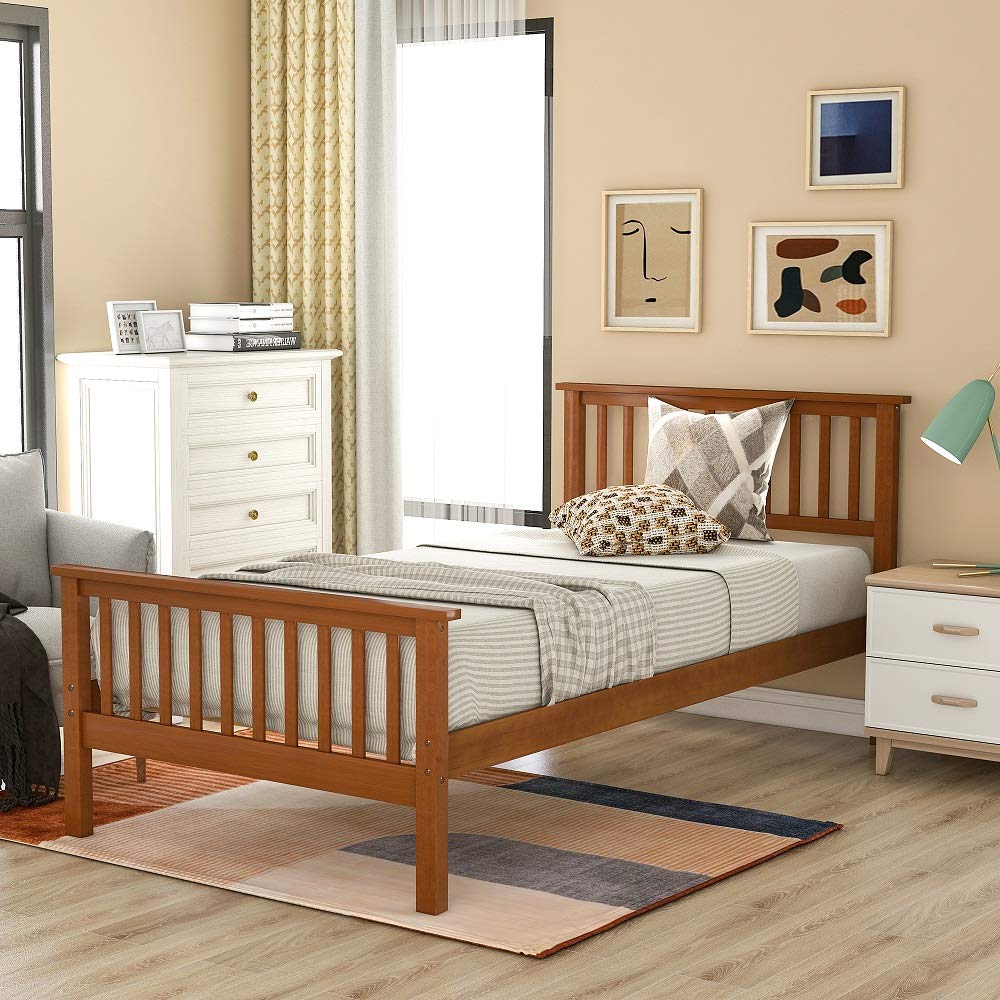 Twin Size Wooden Platform Bed with Headboard & Footboard - Sturdy Oak Frame, Wood Slat Support, No Box Spring Needed - Perfect for Kids, Teens & Adults Bedrooms, Guest Rooms & Small Spaces