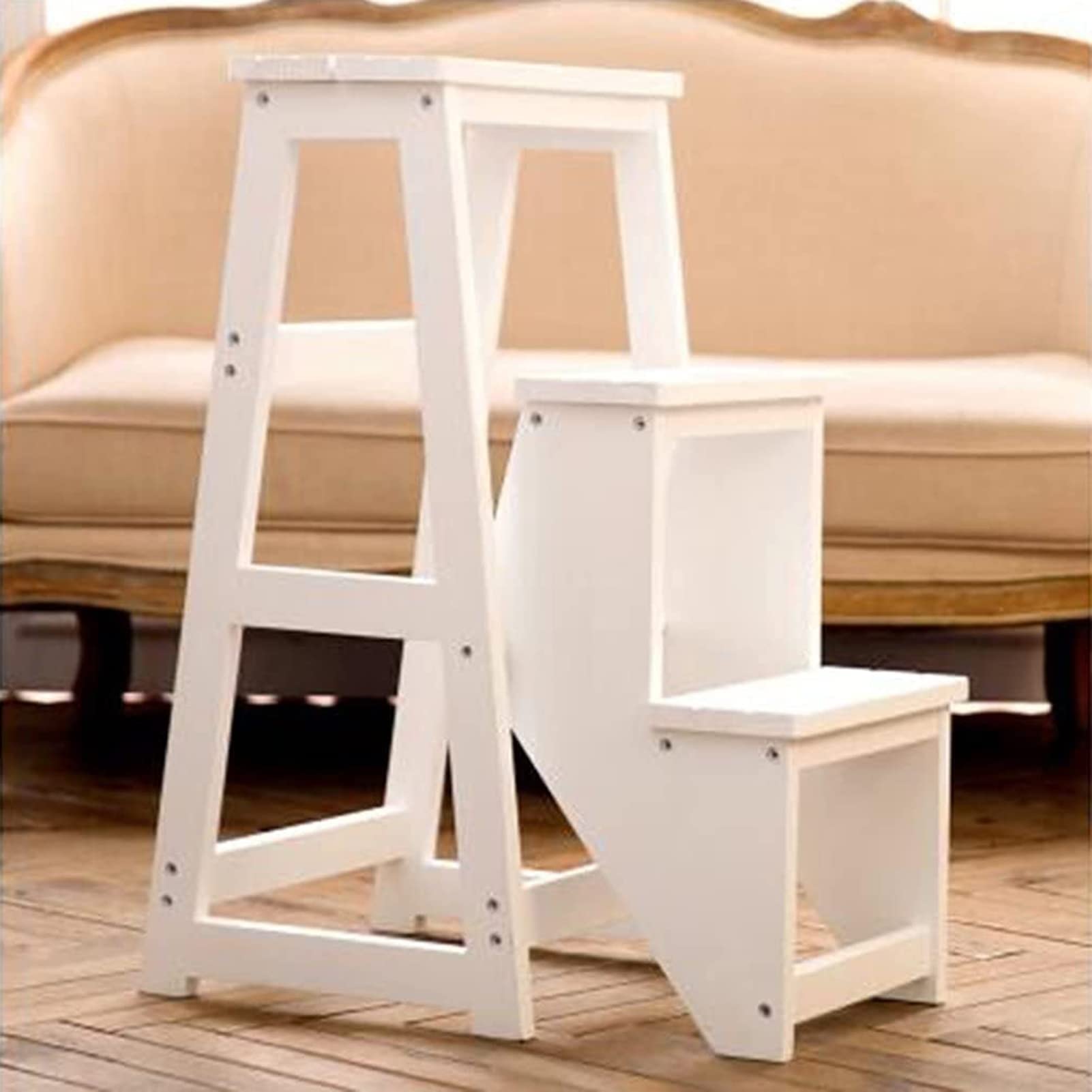 XHALERY 3-Step Folding Wooden Step Stool - Solid Wood Foldable Ladder for Home, Storage, and Kitchen Use - Compact & Space-Saving Design for Easy Climbing and Organizing
