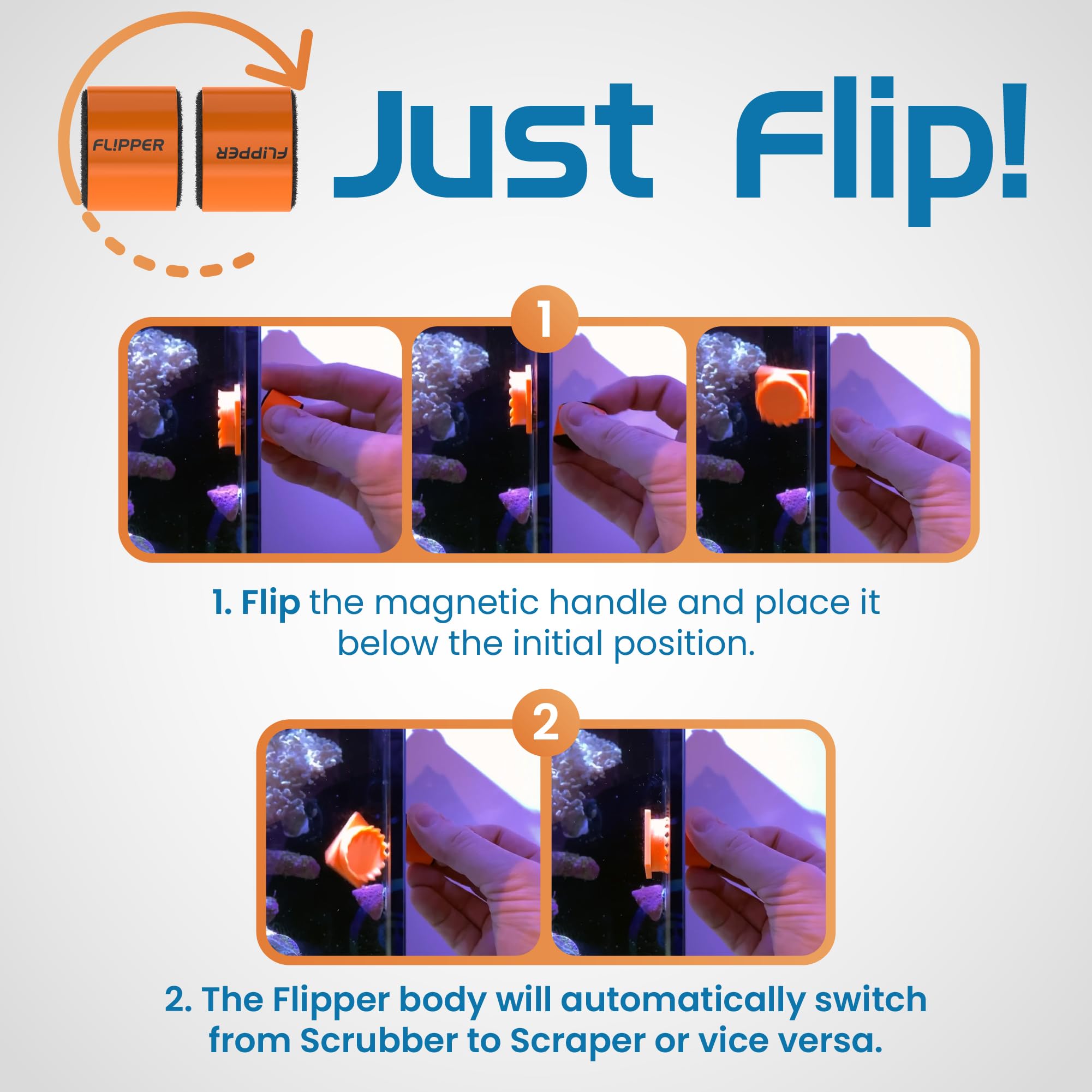FL!PPER Pico 2-in-1 Magnetic Aquarium Glass Cleaner & Algae Scraper - Orange Fish Tank Cleaning Tool for Freshwater & Saltwater Aquariums - Perfect for Home, Office, and Pet Store Use