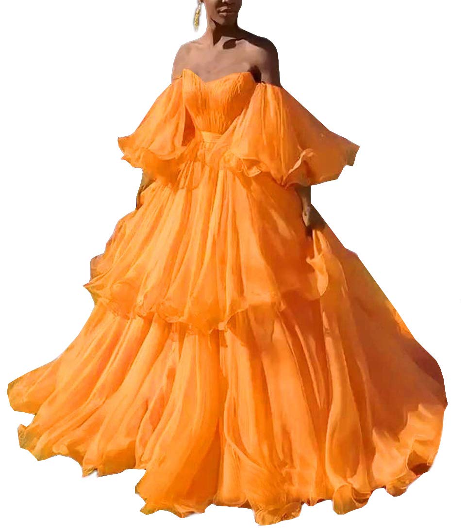 Elegant Mauwey Women's Off Shoulder Organza Prom Dress with Ruffles & Puff Short Sleeves - Formal Evening Gown for Homecoming, Wedding Guest, Cocktail Party & Special Occasions