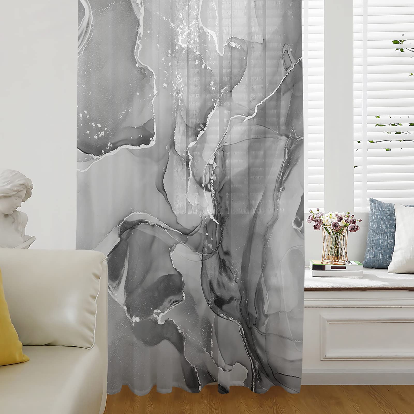 72 Inch Marble Grey Semi-Sheer Chiffon Window Curtains with Rod Pocket - Elegant Voile Drapes for Living Room, Bedroom & Kitchen - Abstract Golden Line Design - Perfect for Light Filtering & Modern Home Decor
