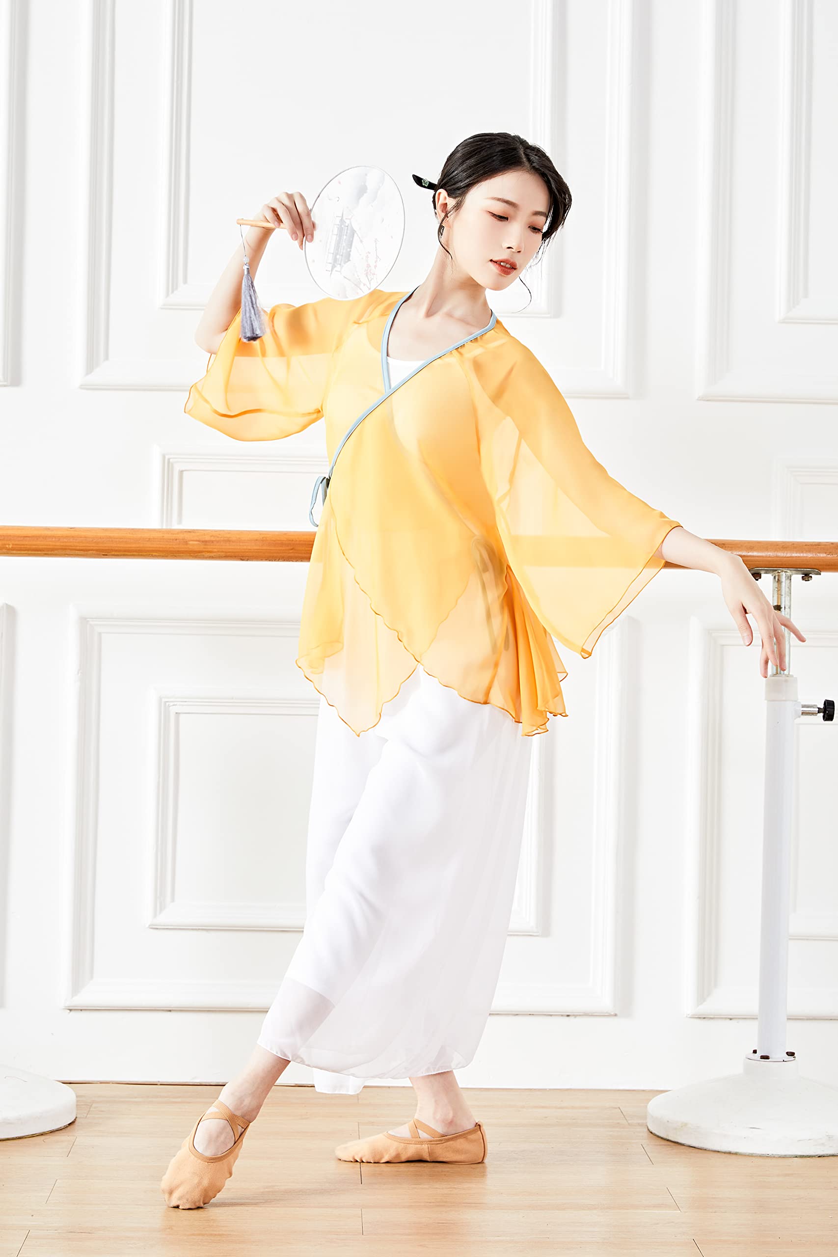 Angcoco Women's Chinese Style Asymmetrical Hem Cardigan Sheer Cover-Up Top - Perfect for Dance, Yoga, and Casual Wear