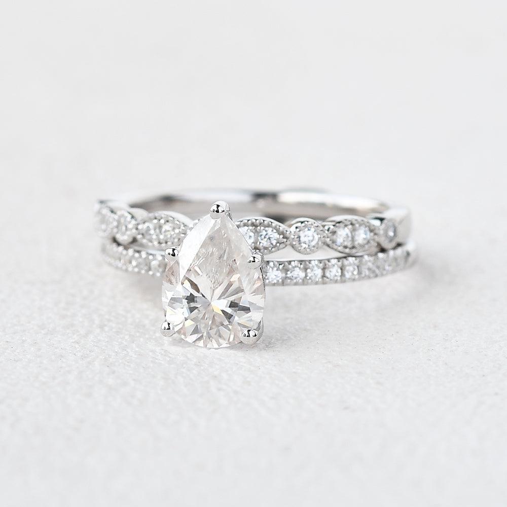 1.3 Carat Pear Cut Moissanite Pave Vintage Solitaire Engagement Ring Set (2 Piece) - Perfect for Wedding, Proposal & Anniversary Gifts