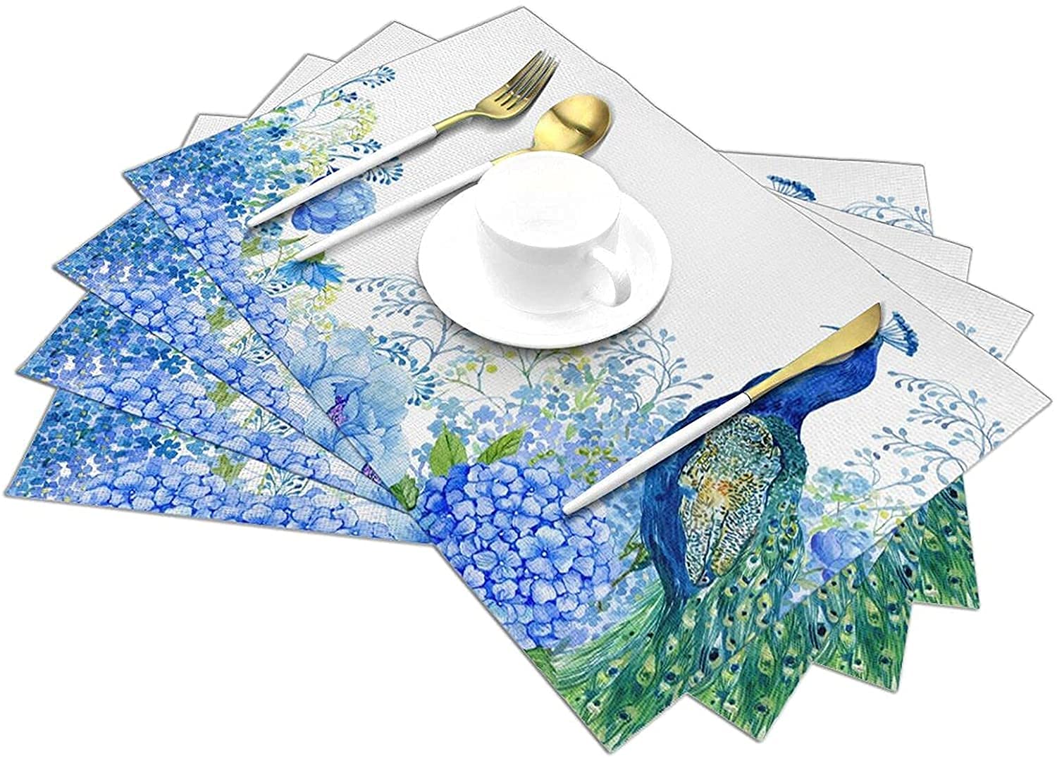 Peacock Print Placemats Set of 4 - Heatproof & Non-Slip Vinyl Table Mats for Kitchen & Dining - Washable & Durable Woven Place Settings - Perfect for Everyday Meals, Dinner Parties & Holiday Decor