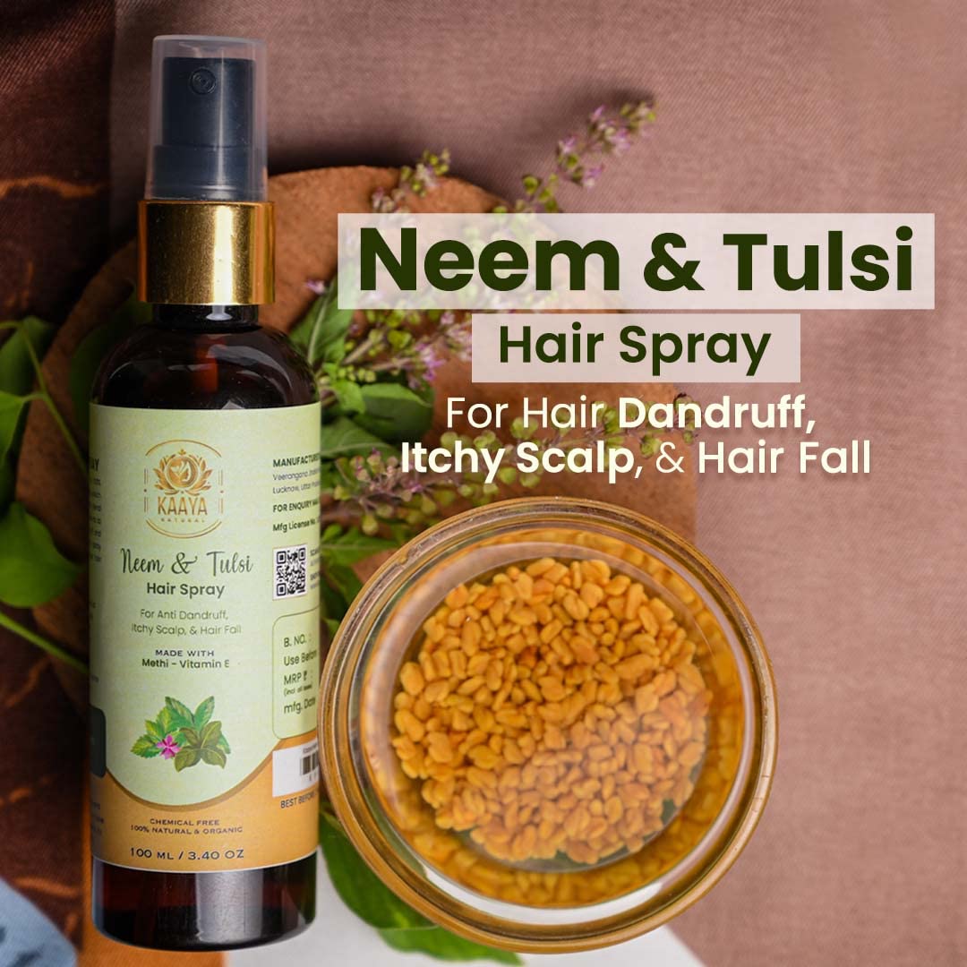 Kaaya Natural Neem & Tulsi Hair Spray for Dandruff, Itchy Scalp & Hair Loss | 100% Organic & Vegan | Unisex Scalp Treatment | 100ml | Perfect for Daily Hair Care & Scalp Refreshment