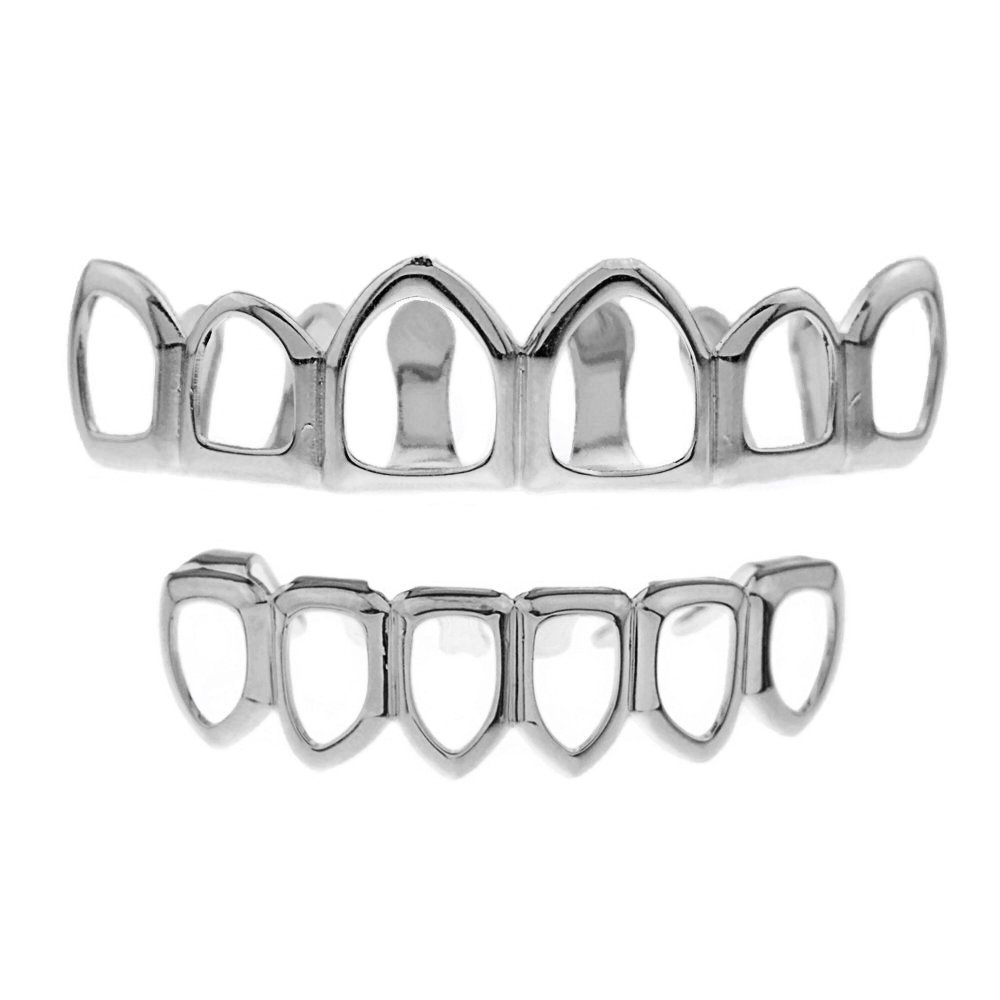 Silver Tone Open Face Grillz Set - 6 Tooth Top & Bottom Row Hip Hop Mouth Grills for Men & Women | Perfect for Parties, Concerts & Hip Hop Fashion Accessories
