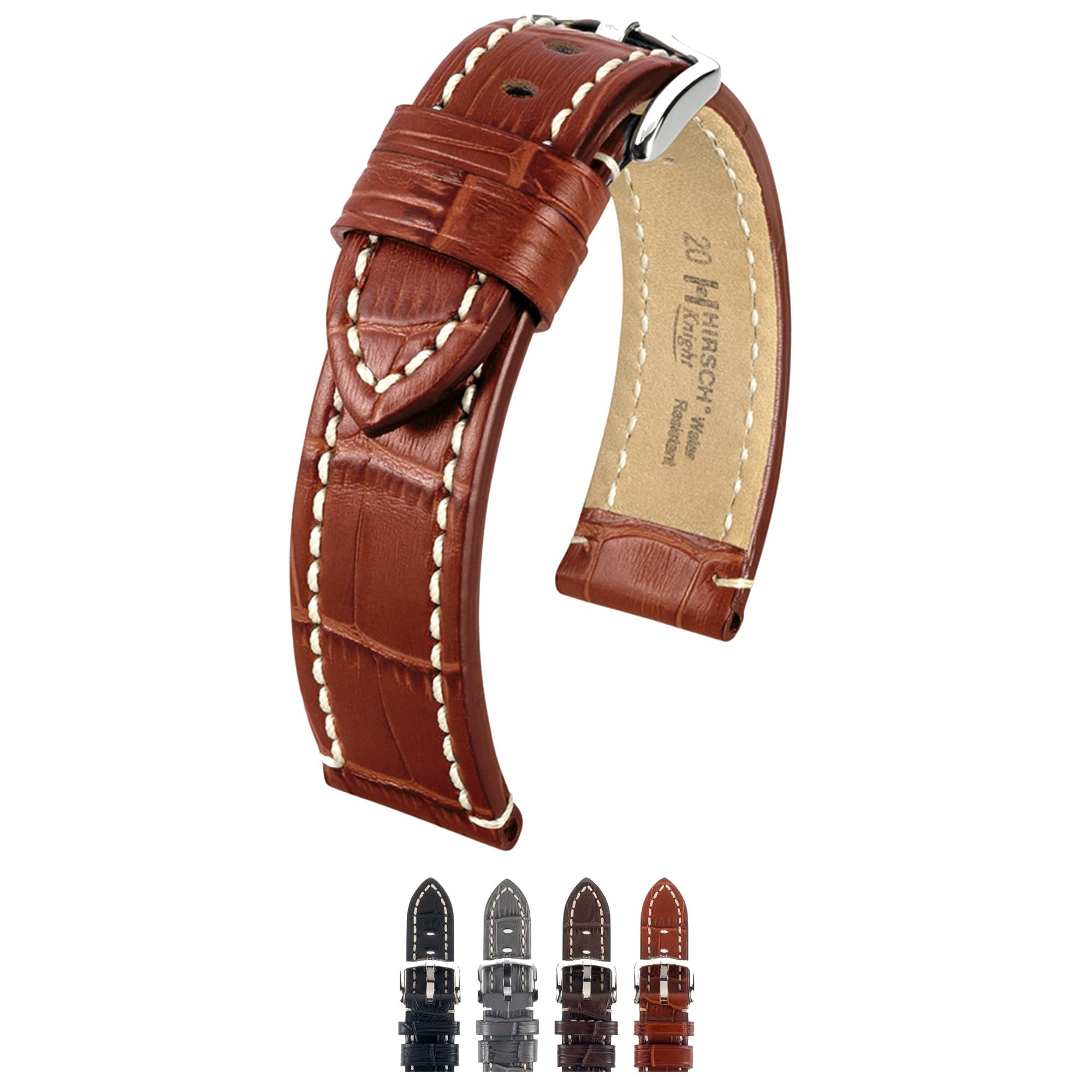 Hirsch Knight Genuine Calfskin Watch Strap - Alligator Embossed Leather with Contrast Stitching - Brown, Golden Brown, Black, Grey - Perfect for Dress Watches & Formal Occasions