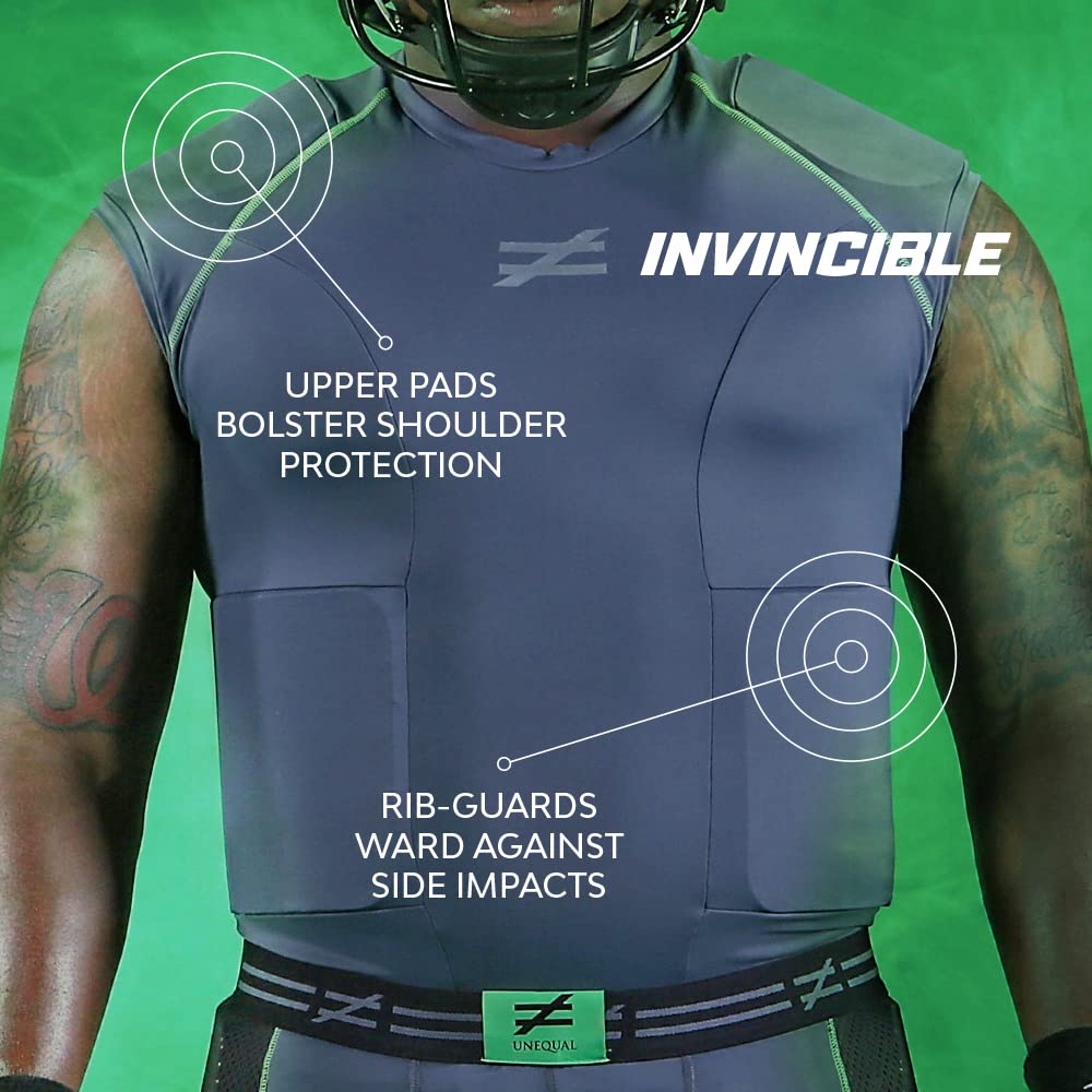 Unequal Invincible Padded Compression Shirt with Rib & Shoulder Protection - Football Training Gear for Adults (S/M/L/XL) - Ideal for Contact Sports, Tackle Drills & Game Day Protection