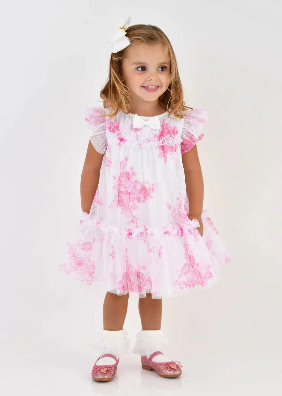 Pink Baby Girls Rosebud Roses Tulle Dress - Elegant Flower Princess Outfit for Birthday Party, Photo Shoot & Special Occasions
