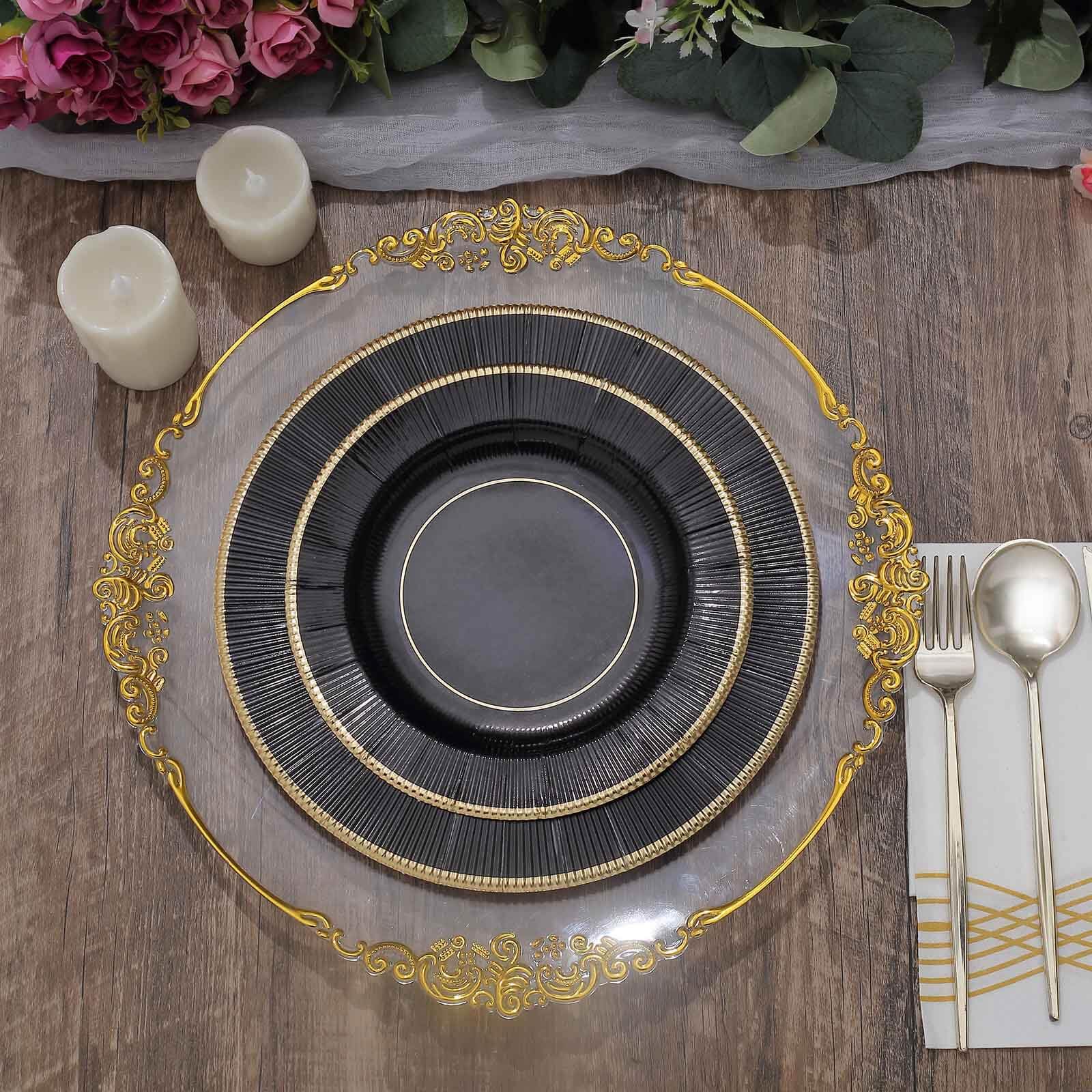 Efavormart 25 Pack Metallic Black Sunray 10 Inch Disposable Dinner Plates - Heavy Duty 350 GSM for Parties, Weddings, and Special Events