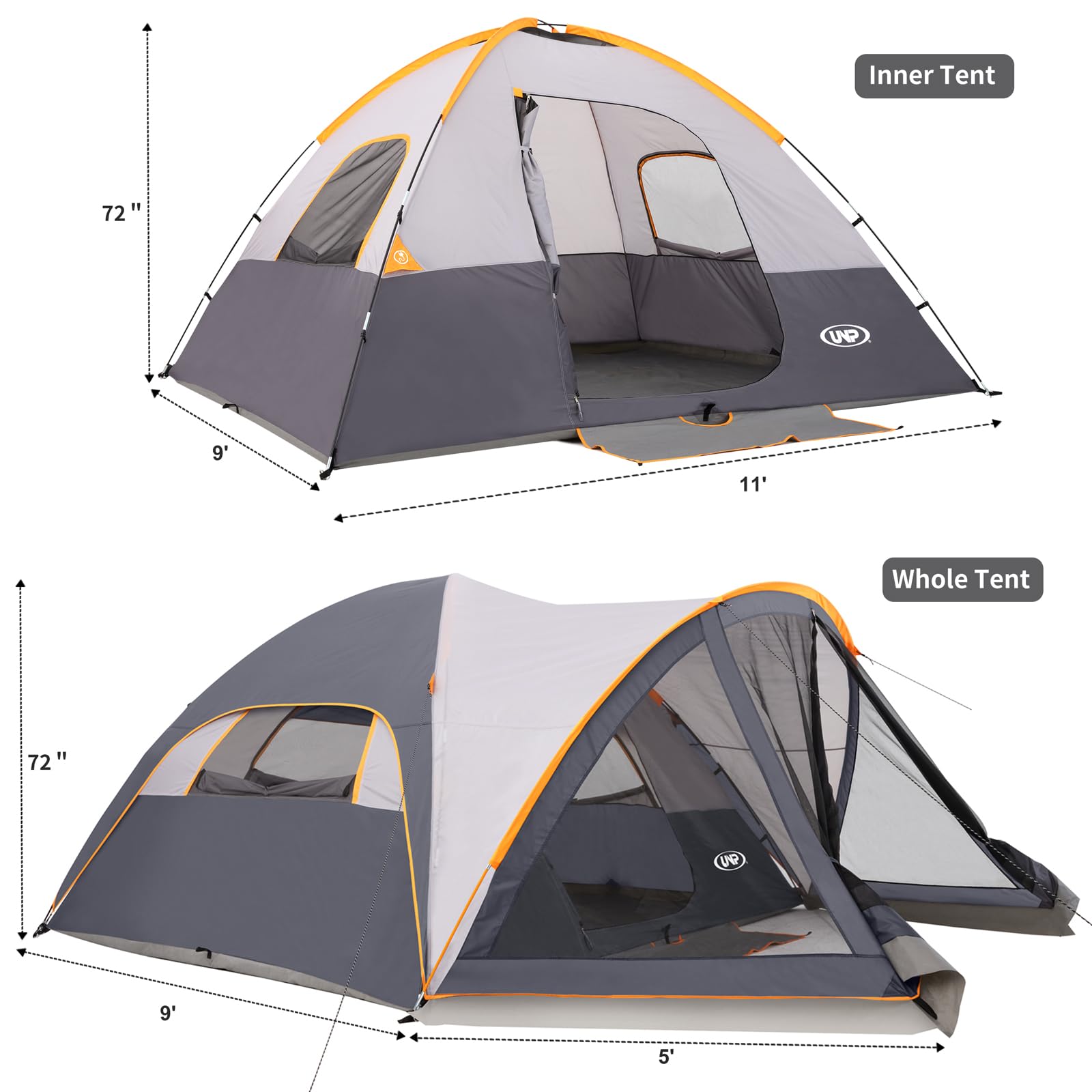 UNP 6-Person Camping Tent with Screen Room - Portable Family Dome Tent for Outdoor Adventures, 14'x11'x72'' - Perfect for Backpacking, Beach Trips & Family Camping