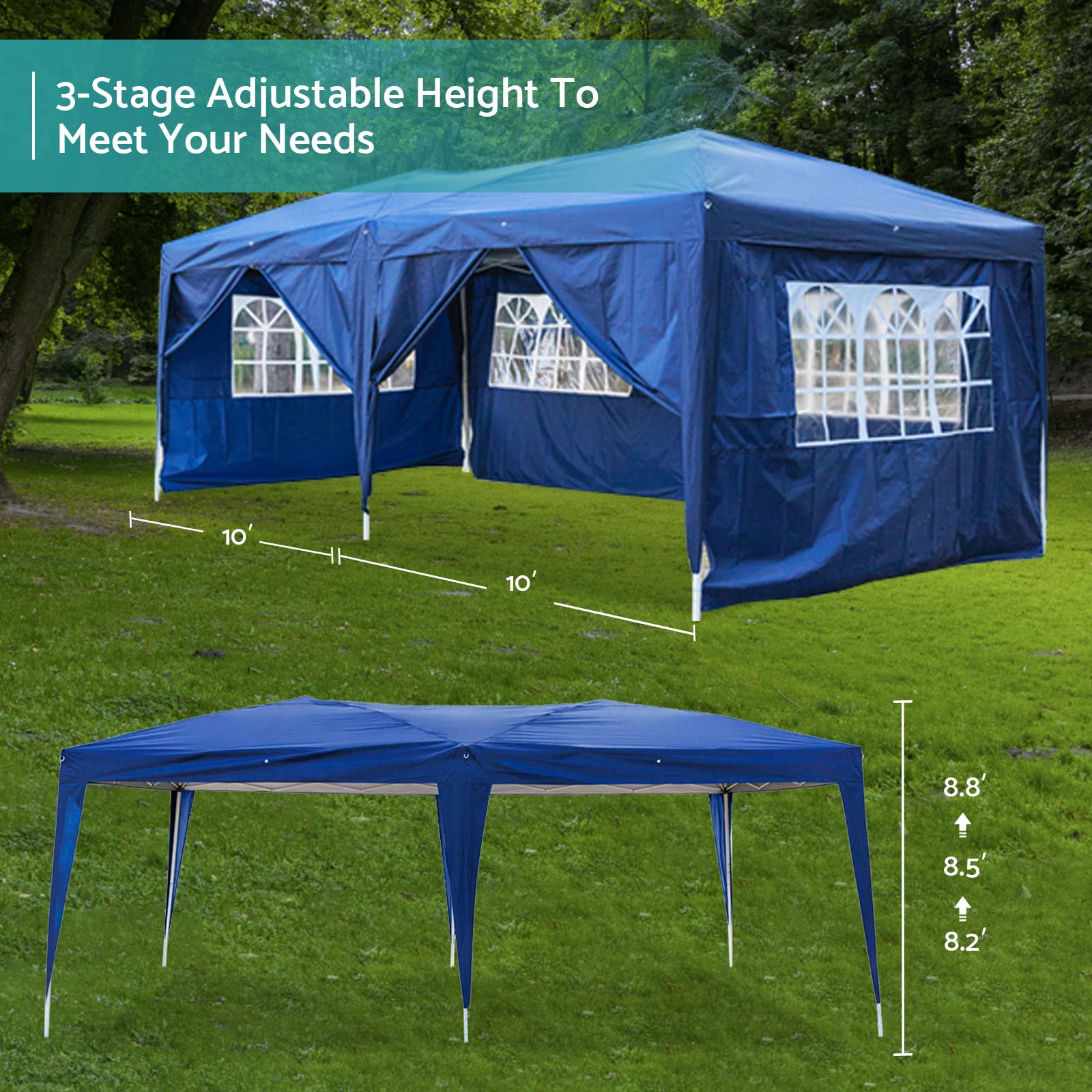 BELANITAS 10x20 FT Pop Up Canopy Tent with 6 Removable Walls & 4 Windows - Adjustable Height Folding Shelter for Outdoor Events, Parties, Markets & Camping - Waterproof & UV Protection Blue Instant Canopy - Perfect for Backyard BBQs, Flea Markets & Beach Gatherings