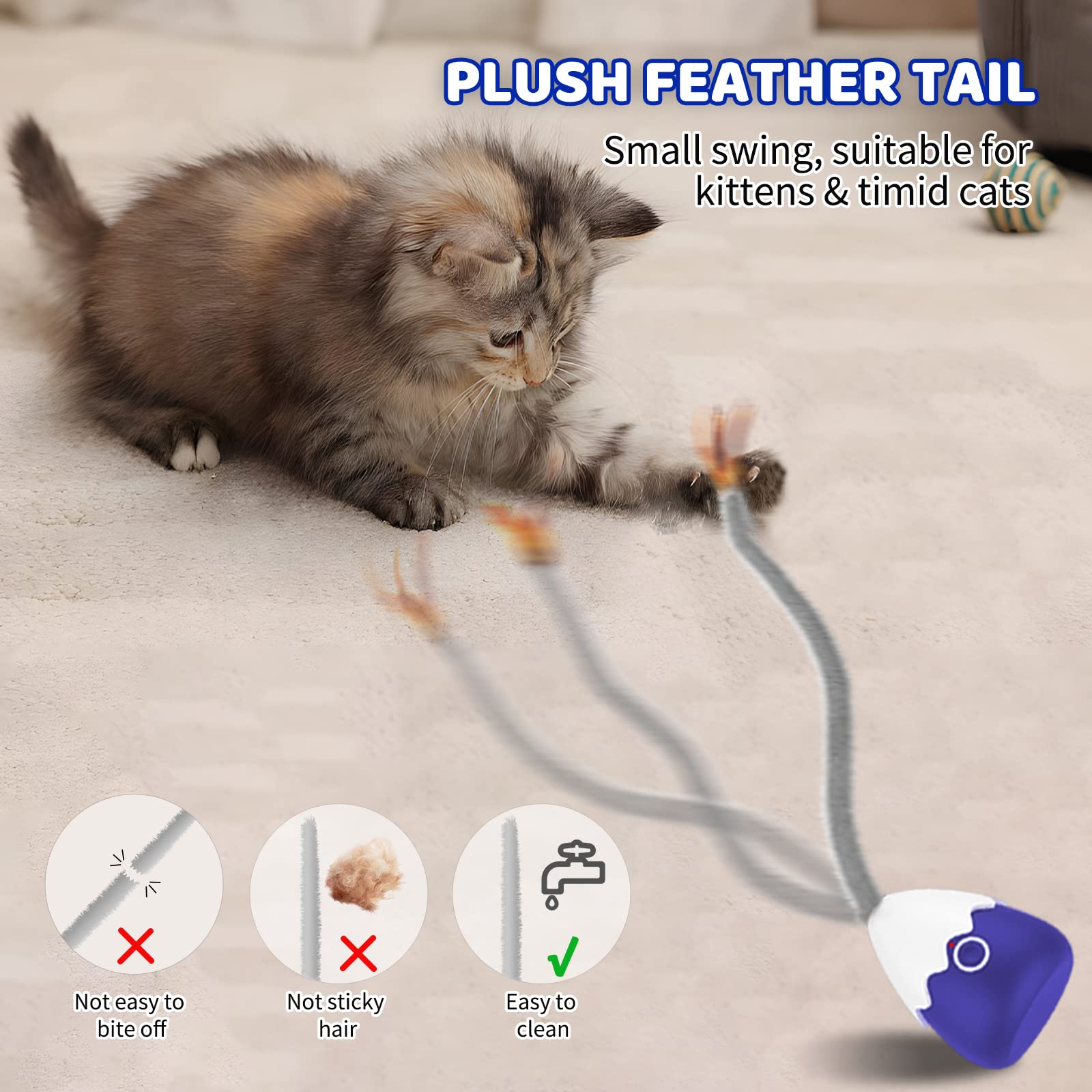 Rechargeable Plush Cat Wand Toy with Silicone Teaser Tail - Interactive Electronic Cat Toy for Indoor Cats & Kittens, Automatic Exercise Play for Boredom Relief & Hunting Instinct - Perfect for Playtime, Training & Bonding (Navy Blue)
