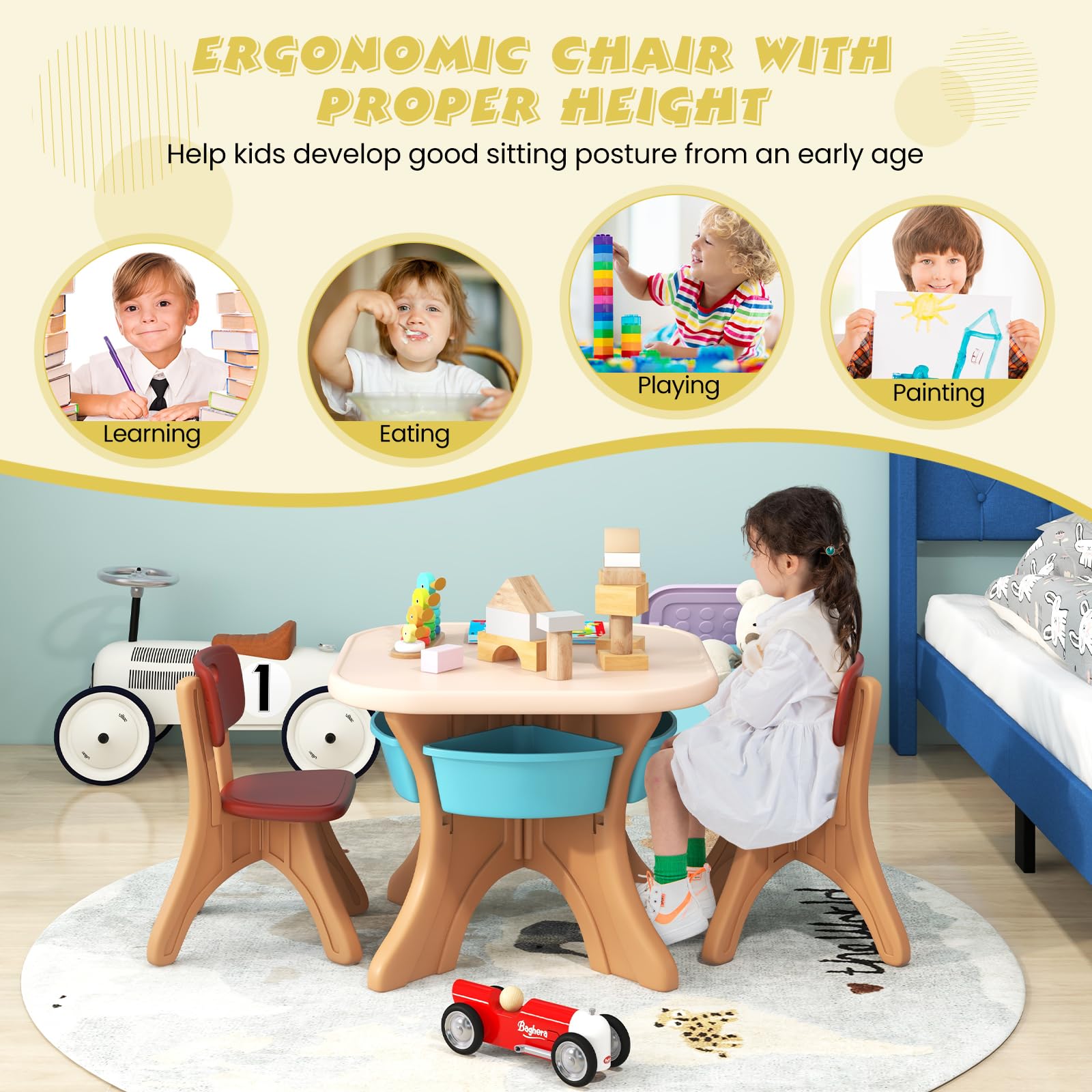 DORTALA Kids Table and Chair Set - 3 Piece Plastic Toddler Activity Table with 2 Chairs & Storage Bins for Art, Crafts, Reading & Drawing | Perfect Gift for Boys & Girls | Ideal for Playroom, Classroom & Home Learning (Coffee)
