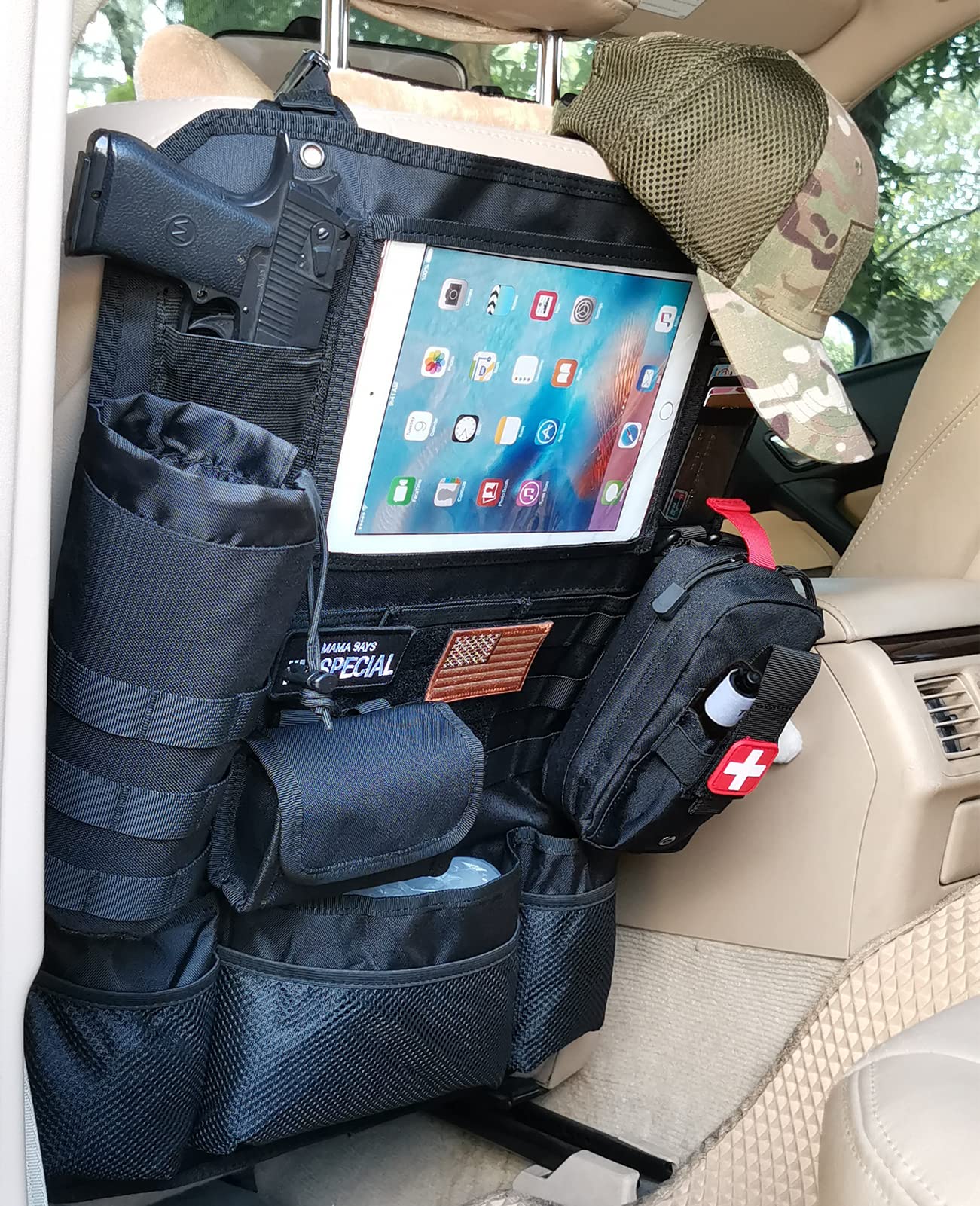 Upgrade Tactical MOLLE Car Back Seat Organizer - 14 Multi-Pockets & 4 Detachable Pouches for Trucker Hat, Medical Kit, Water Bottle & EDC Gear - Durable Vehicle Storage Solution for Camping, Road Trips & Emergency Preparedness