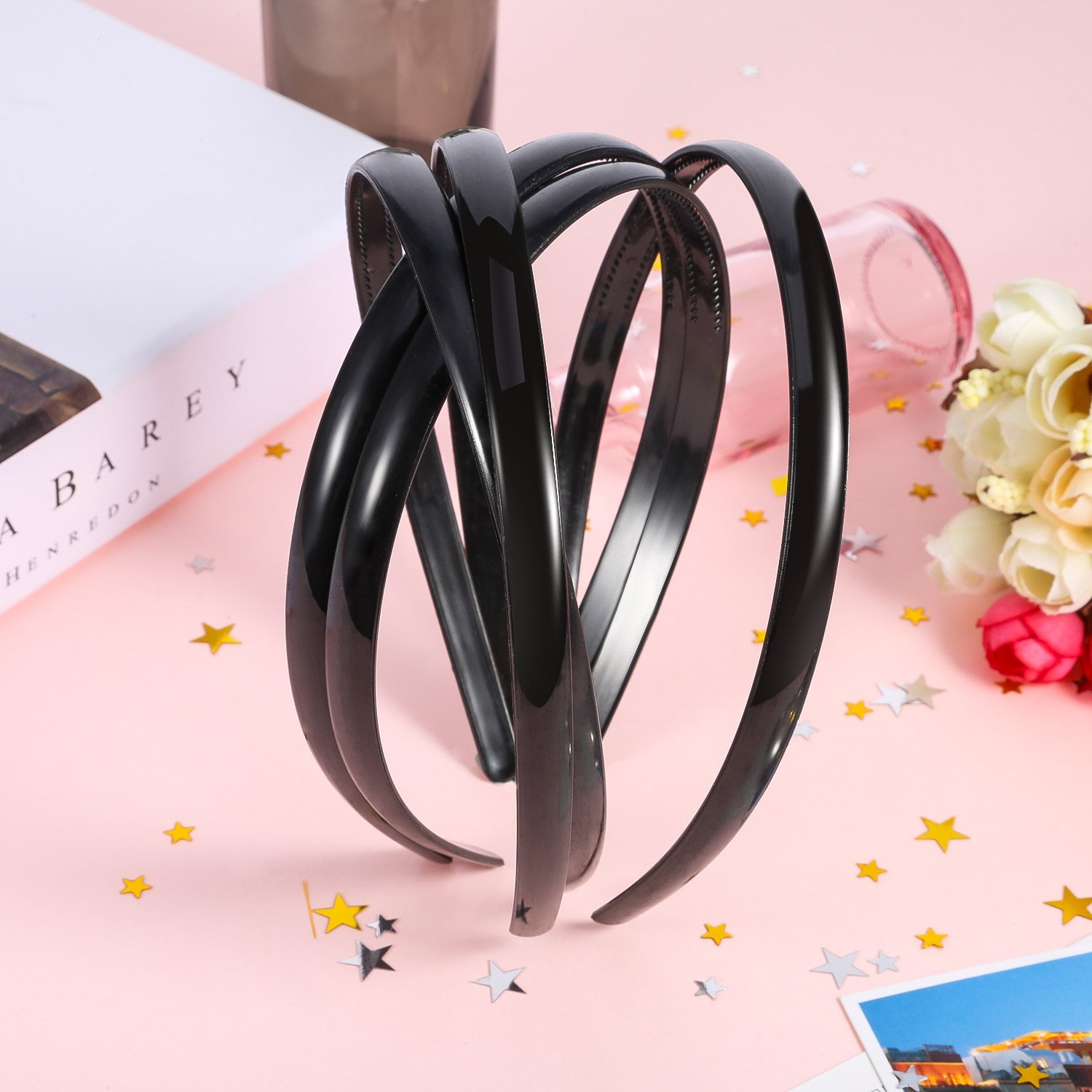 Shappy 40 Pcs Black Plastic Headbands - Thin Skinny Hair Bands for Women, Plain Hair Accessories for DIY Crafts, Plastic Teeth Comb Hairbands - Perfect for Styling, Parties, and Everyday Wear