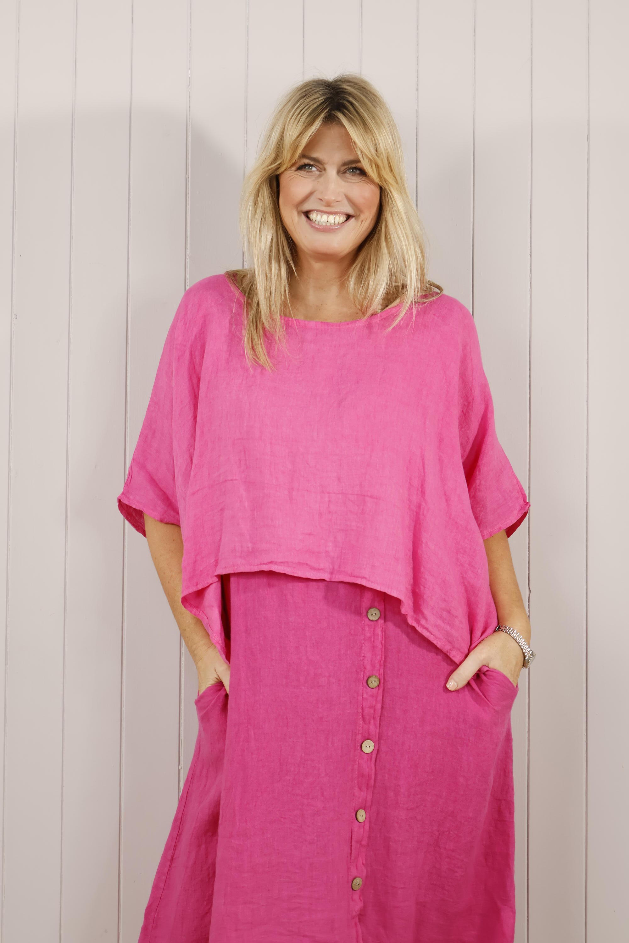 Loreli Linen Layering Top Fuchsia - Women's Lightweight Summer Blouse for Casual Wear & Layering Outfits
