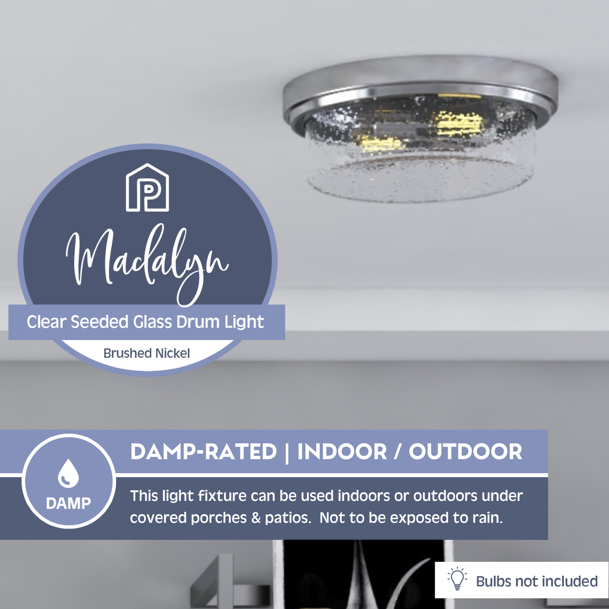 Madalyn Drum Flushmount Light Fixture - Clear Seeded Glass & Brushed Nickel Finish - Perfect for Bedroom, Living Room, or Hallway Lighting