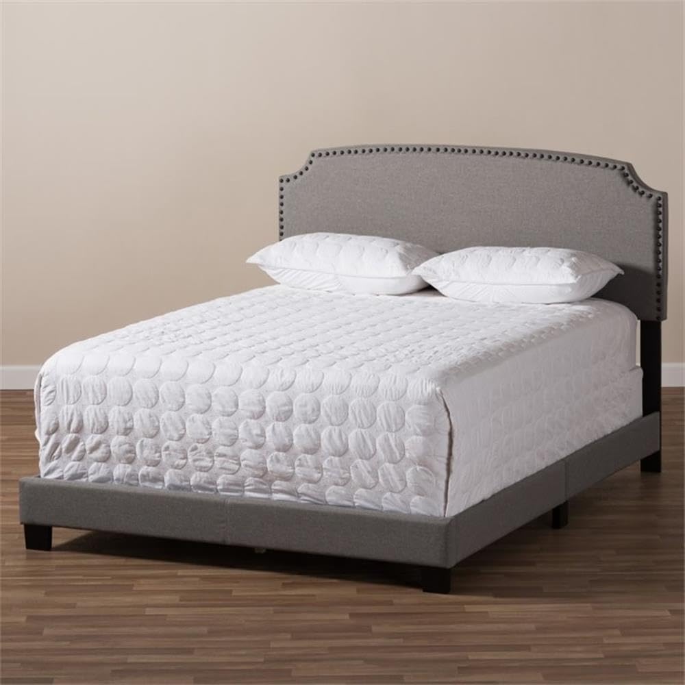 Baxton Studio Odette Nailhead Upholstered King Size Bed Frame in Light Grey - Luxurious Bedroom Furniture for Master Suite Decor