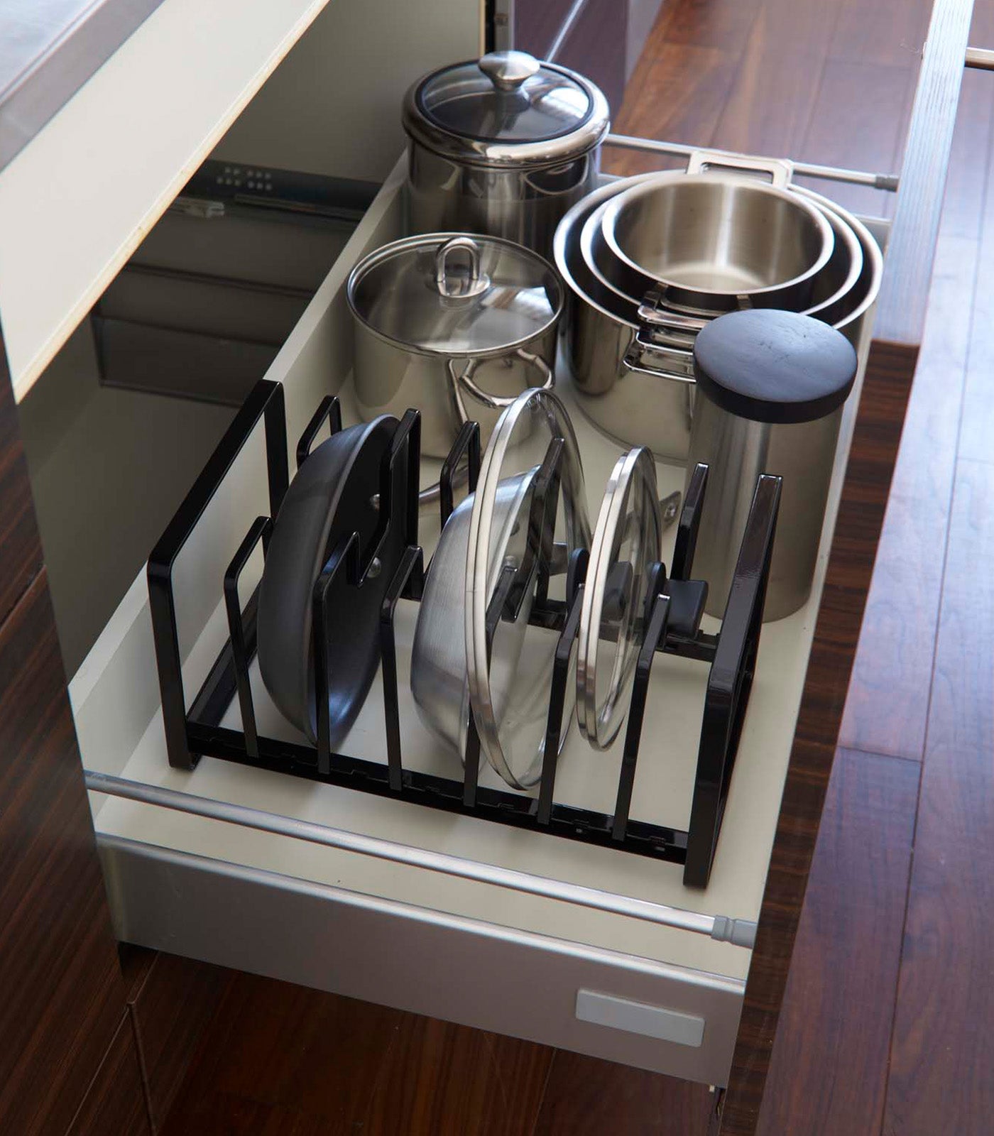 Adjustable Steel Pot Lid and Frying Pan Organizer - Space Saving Kitchen Storage for Cabinets & Drawers - Perfect for Small Kitchens & RV Cooking