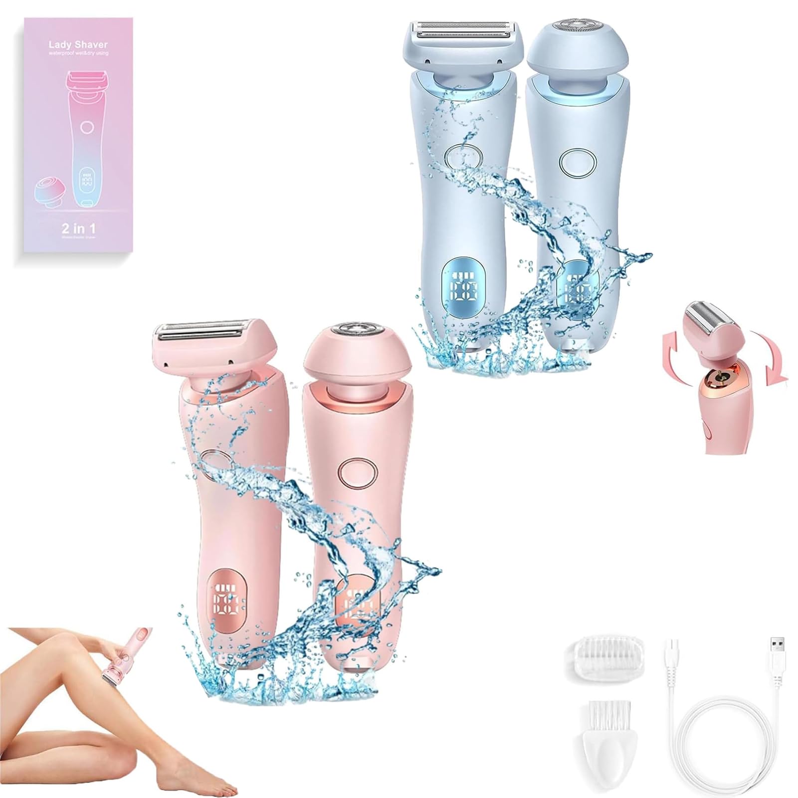 Elunara Silkglide Pro 3.0 Electric Razor for Women - 2-in-1 Rechargeable Shaver with Pink & Blue Blades - Smooth Legs, Underarms & Bikini Line - Perfect for Travel, Gym & Everyday Use